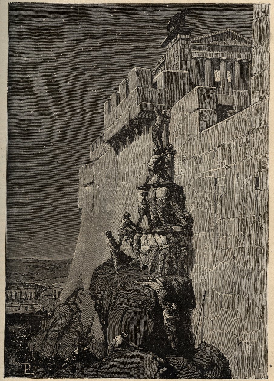 Galliërs proberen het Capitool te veroveren (390 v.Chr.) - Ganzen redden het Romeinse Capitool van Gallische indringers - gravure 1890 door Anonymous Anonymous