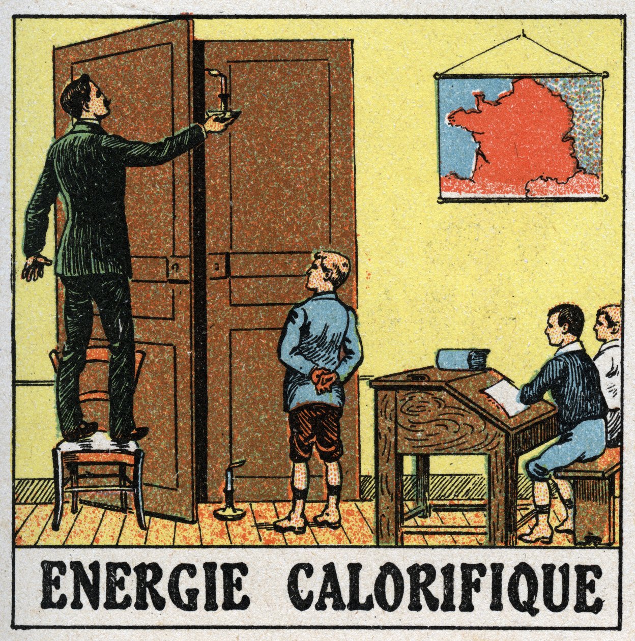 Warmte-energie: een leraar in een klaslokaal houdt een kaars bij een open deur. Anonieme illustratie uit 1925. Privécollectie. door Anonymous Anonymous