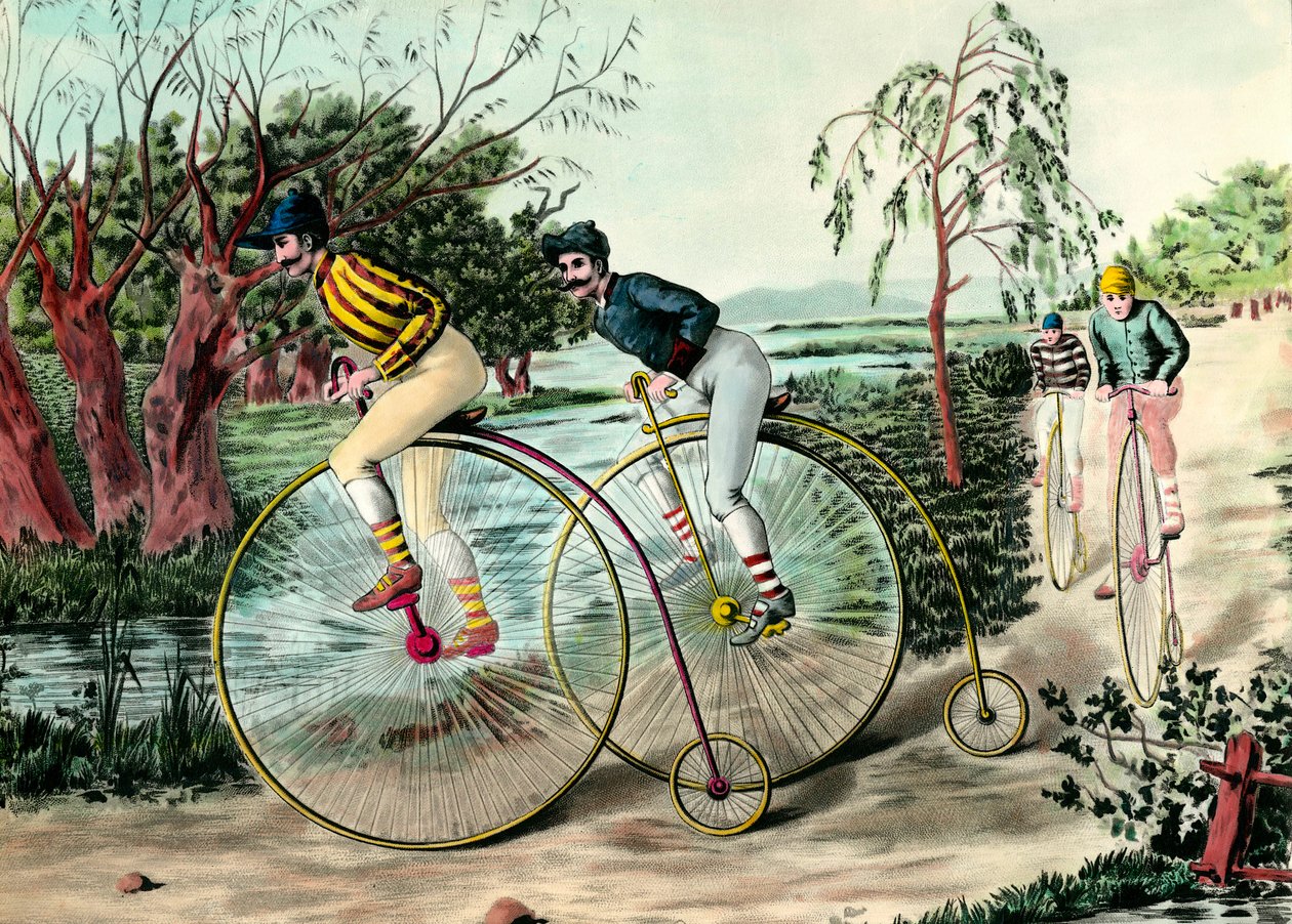 Geschiedenis van de fiets: race van grand bi (grand bi). Gravure uit de 20e eeuw. Privécollectie door Anonymous Anonymous