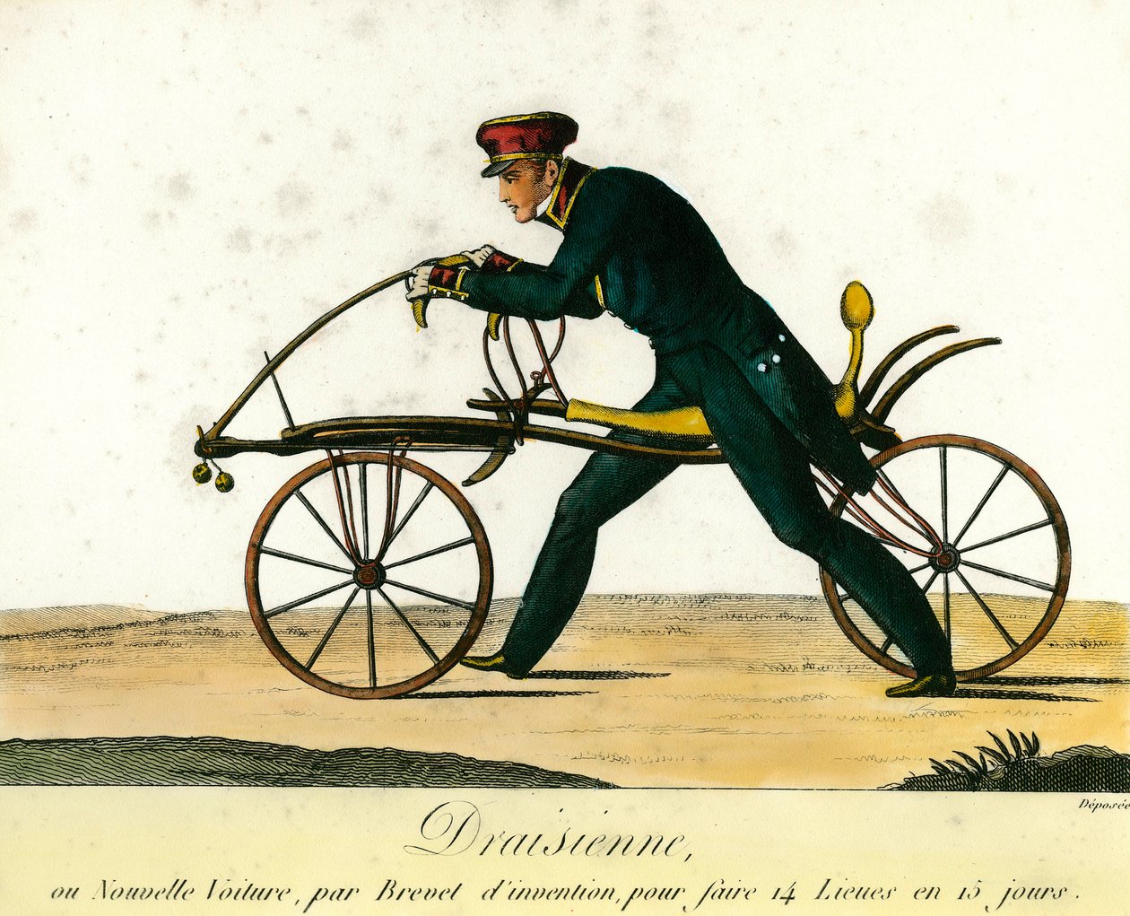 Geschiedenis van de fiets: de draisine, een zeer populaire nieuwe wagen rond 1818. Gravure uit 1818. Privécollectie door Anonymous Anonymous
