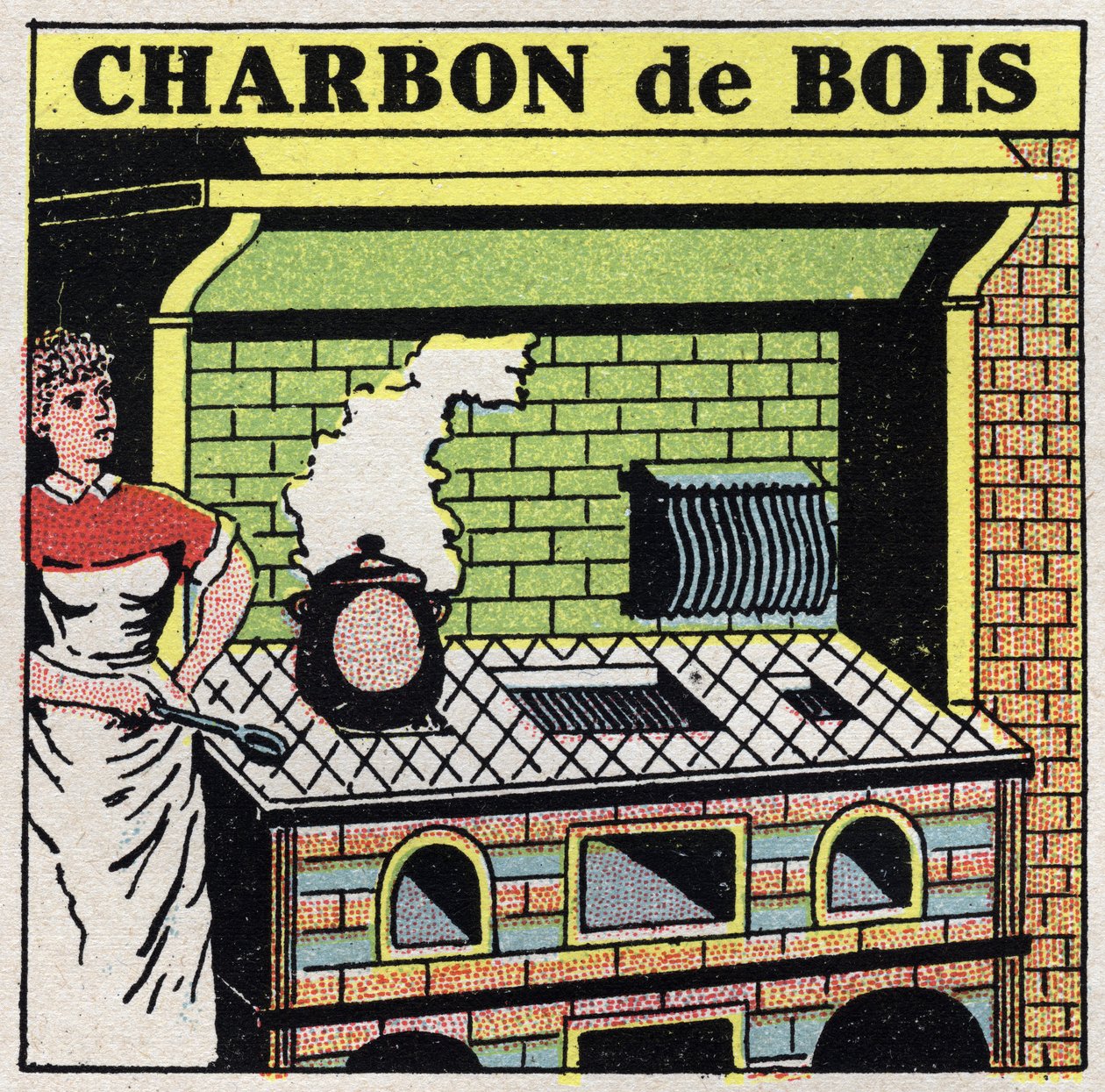 Verwarming thuis: houtskoolgebruik in een kachel. Anonieme illustratie uit 1925. Privécollectie. door Anonymous Anonymous
