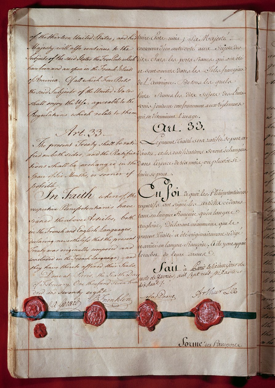 Onafhankelijkheid van de Verenigde Staten: vriendschaps- en handelsverdrag tussen Frankrijk en de Verenigde Staten (vertegenwoordigd door Benjamin Franklin) uit februari 1778 in beide talen. 1778 Parijs, Ministerie van Buitenlandse Zaken door Anonymous Anonymous