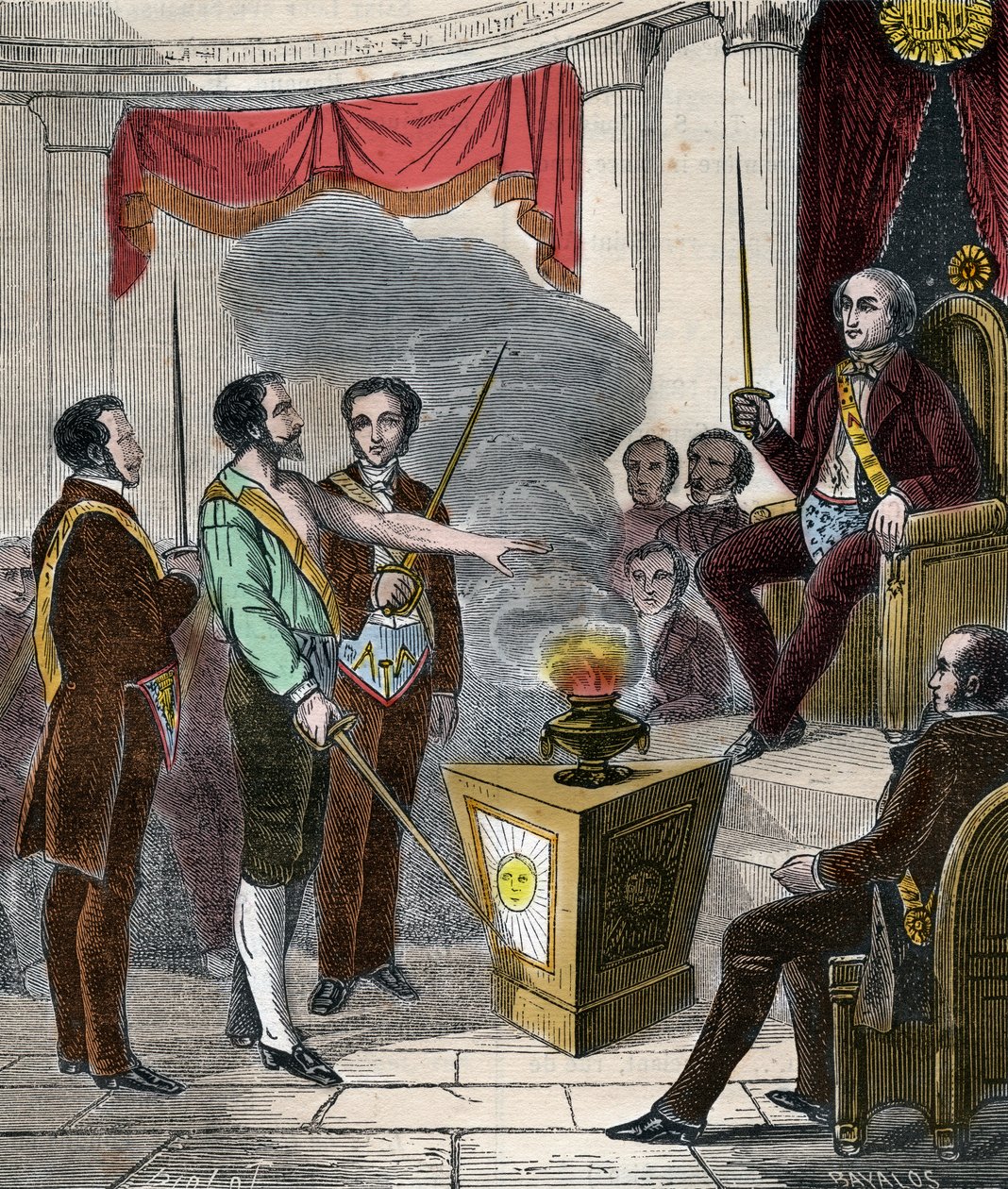 Inwijding van een Franse vrijmetselaar in de broederschap - Ontvangst (Ceremonie) van een vrijmetselaar - Gravure uit 1879 in 