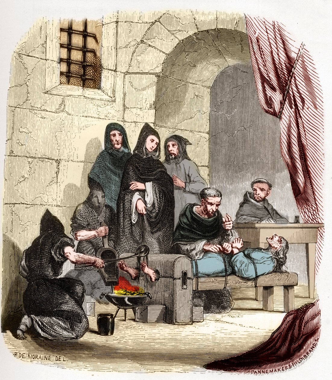 Inquisitie in Spanje in de 15e eeuw: Maria van Bourgondië (1457-1482), beschuldigd van joods zijn, wordt gemarteld door (heilige) Peter (Pedro) van Arbues (1441/1442-1485), Spaanse inquisiteur: hij brandt haar voeten. Illustratie in 