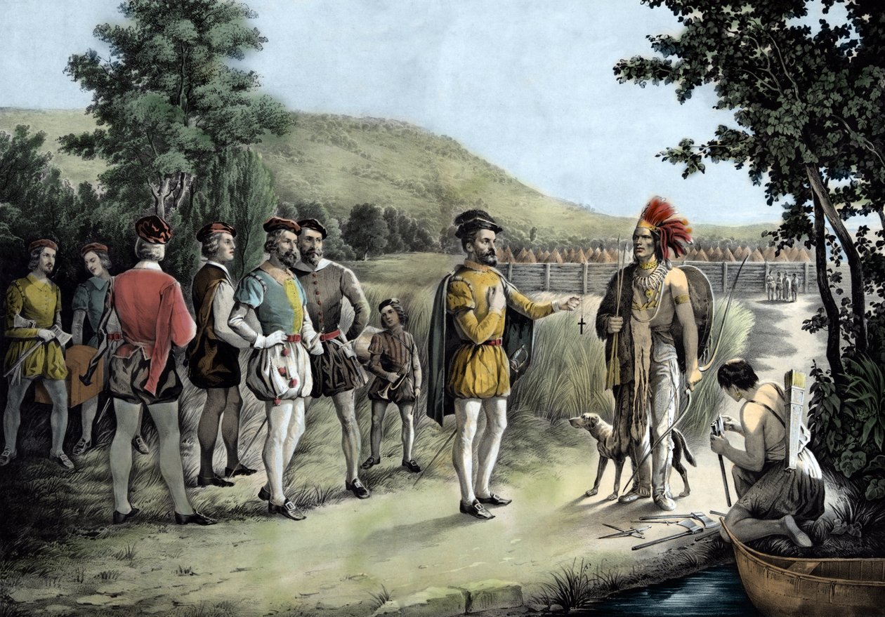Jacques Cartier, zijn eerste ontmoeting met de Indianen in Hochelaga nu Montreal in 1535 (litho) door Anonymous Anonymous