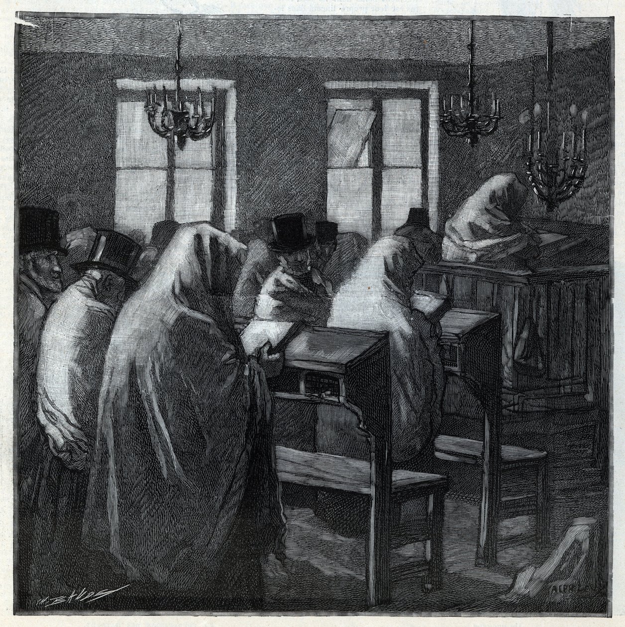 Joodse feesten: gelovigen tijdens het gebed in een oratorium tijdens de feestdagen. Gravure in 