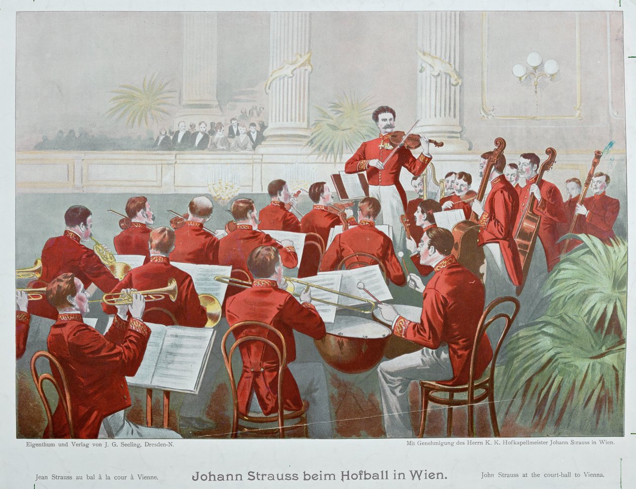 Johann Strauss zoon dirigeert zijn orkest tijdens een ... (litho) door Anonymous Anonymous
