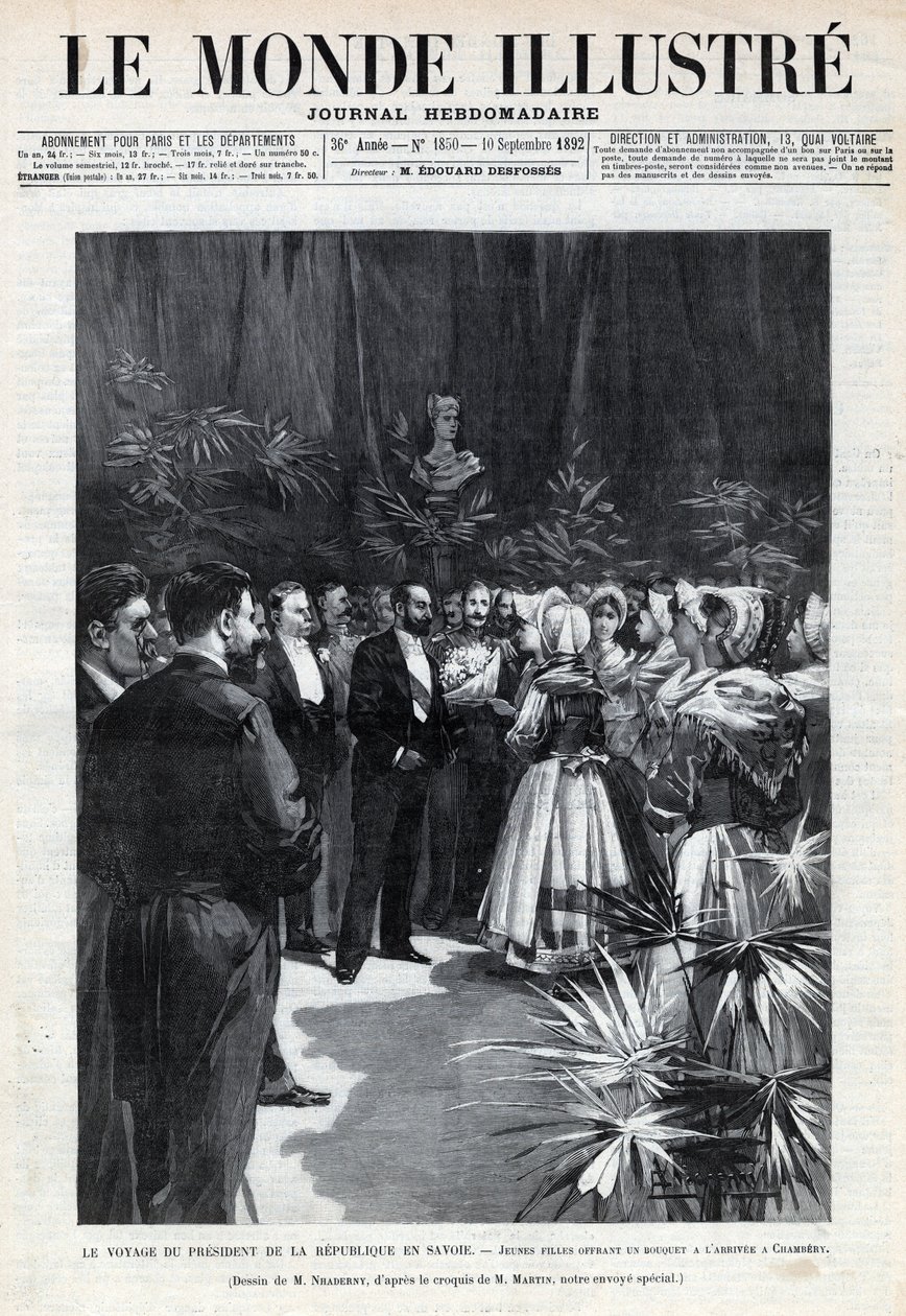 Reis van Sadi Carnot (1837-1894) naar Savoye: de president van de republiek wordt verwelkomd in Chambéry door jonge meisjes die hem een boeket bloemen aanbieden. Een krant. Gravure in 