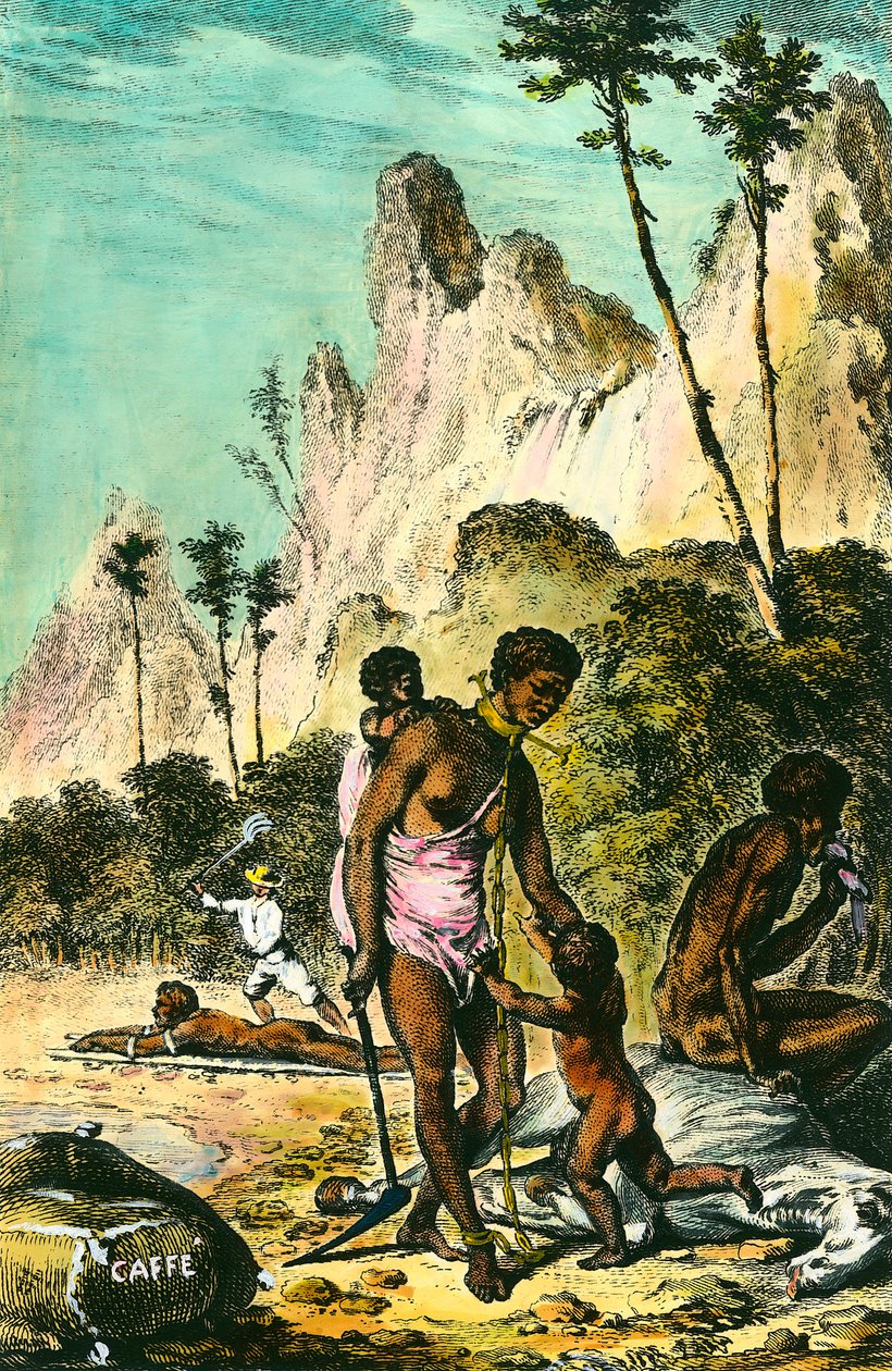 Reis naar het Île de France (het huidige Mauritius): het werk van slaven. Een witte meester slaat een slaaf die op de grond ligt. Een vrouw draagt een ketting met haar voet. Gravure uit de 18e eeuw. Privécollectie. door Anonymous Anonymous