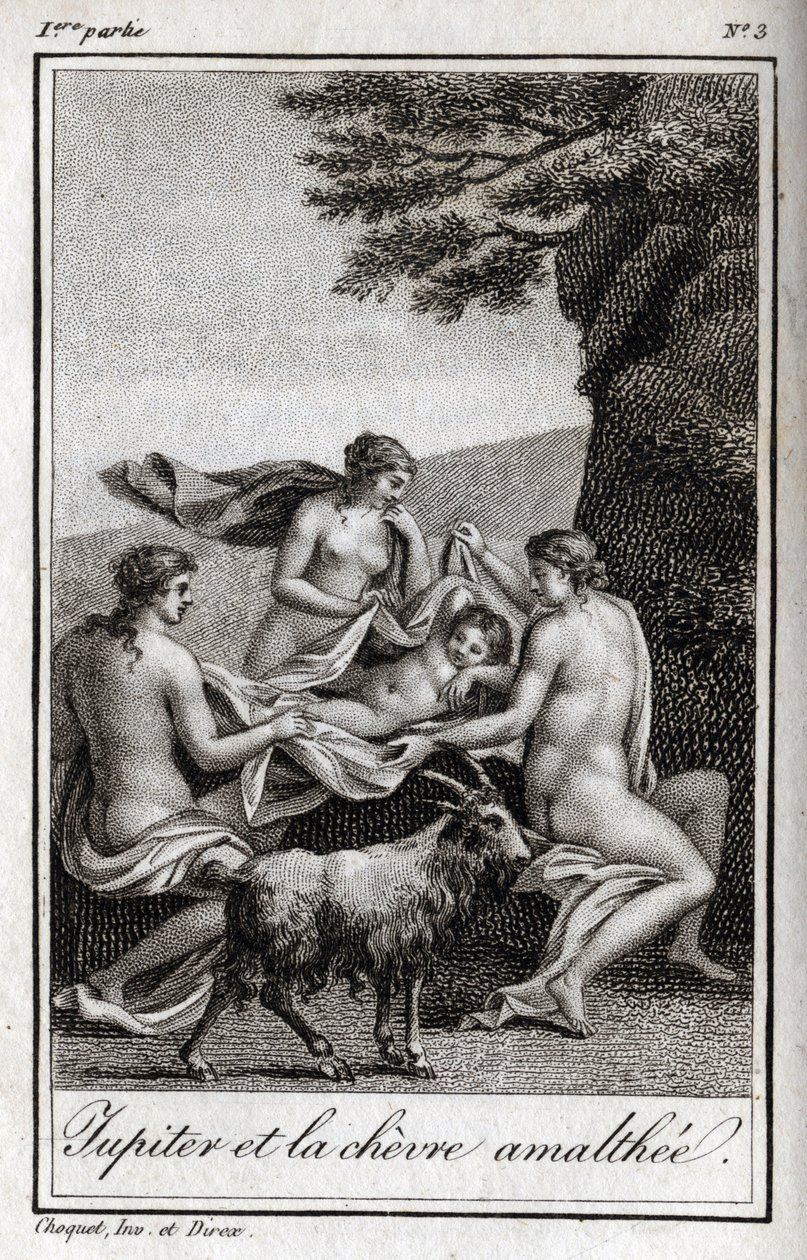 Jupiter kind gevoed door de geit Amalthee. Gravure uit 1819 in 