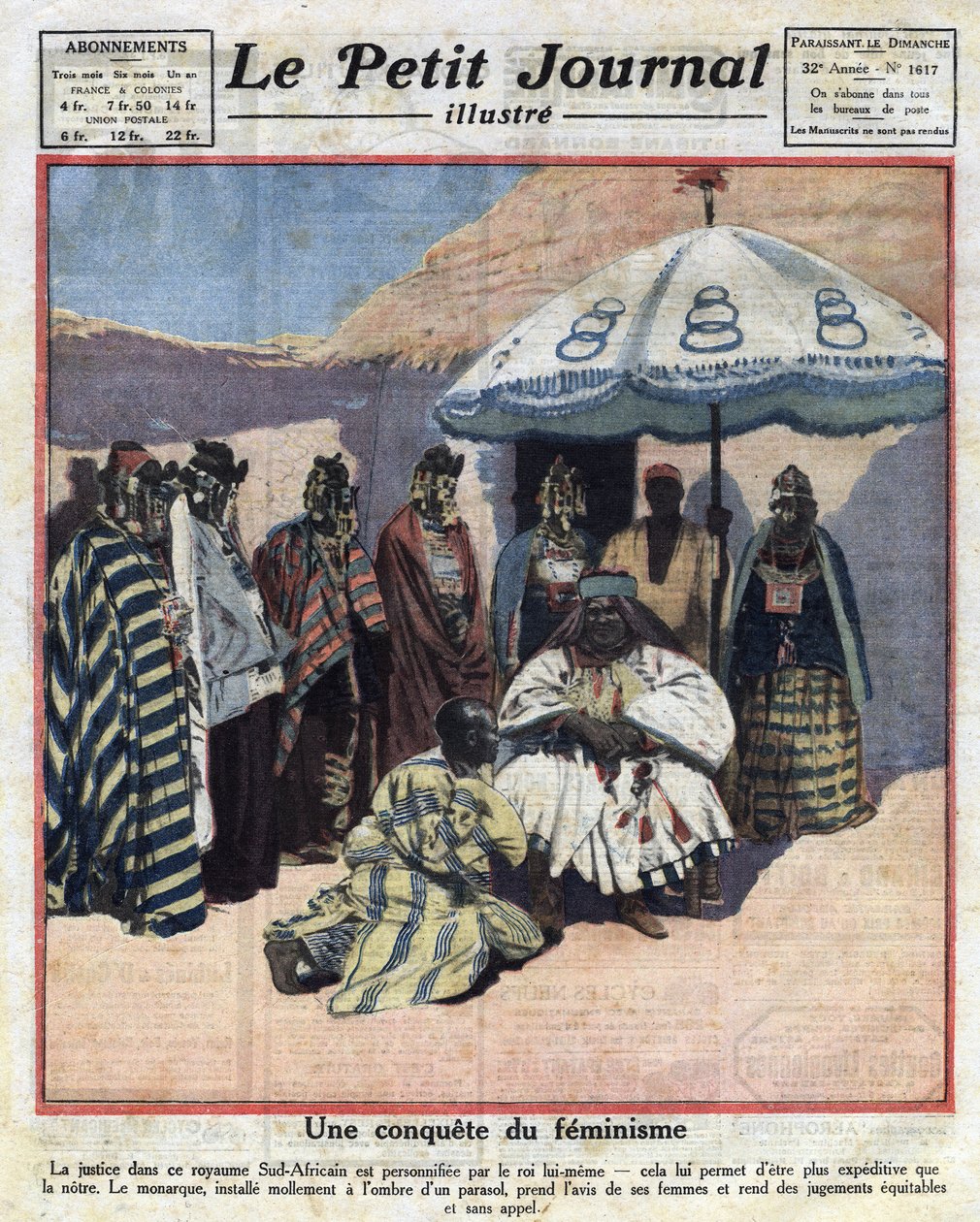 Rechtspleging en feminisme in zwarte Afrikaanse landen: een Zuid-Afrikaanse koning raadpleegt zijn vrouwen voordat hij een oordeel velt. Illustratie uit 