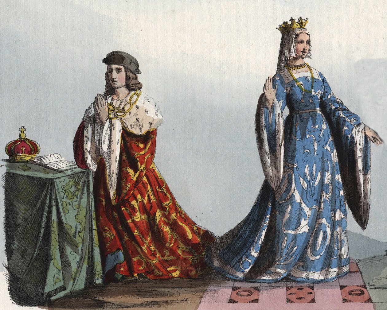 Koning Hendrik VI van Engeland en zijn koningin-gemalin Margaretha van Anjou - Hendrik VI van Engeland (1421 - 1471) en Margarita van Anjou (1429 - 1482) - gravure uit 