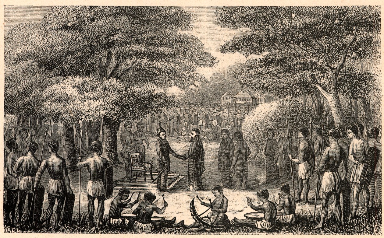 Koning Lebuschi verwelkomt Henri Depelchin (1822-1900), jezuïet missionaris en eerste overste van de missie van Boven Zambeze in Afrika. Gravure in 