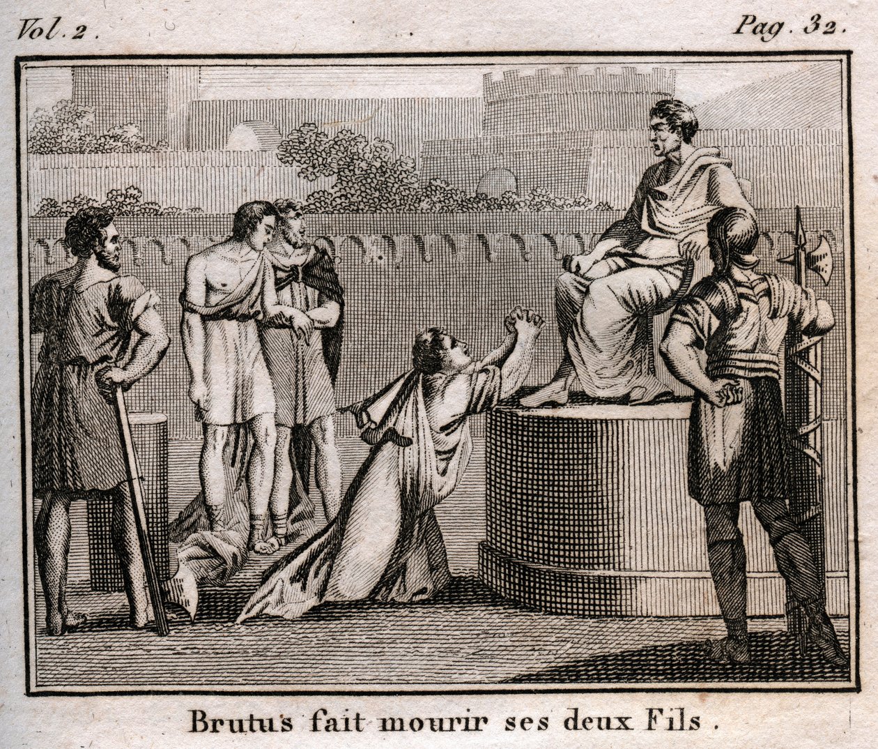 LUCIUS JUNIUS BRUTUS veroordeelt zijn eigen zonen ter dood voor het beramen van de terugkeer van de verdreven koningen van Rome, 509 v.Chr. - Gravure uit 