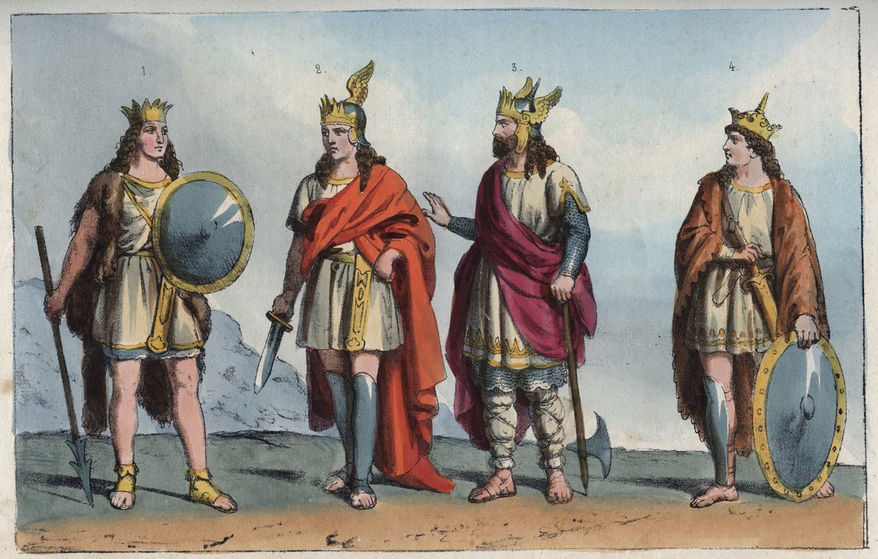 De Merovingen - Merovingische dynastie - Pharamond of Faramund - Chlodio (Clodius, Clodion, Cloio of Chlogio) (Clodion de Harige) - Merovech (Merovee of Merowig) en Clovis - gravure uit 