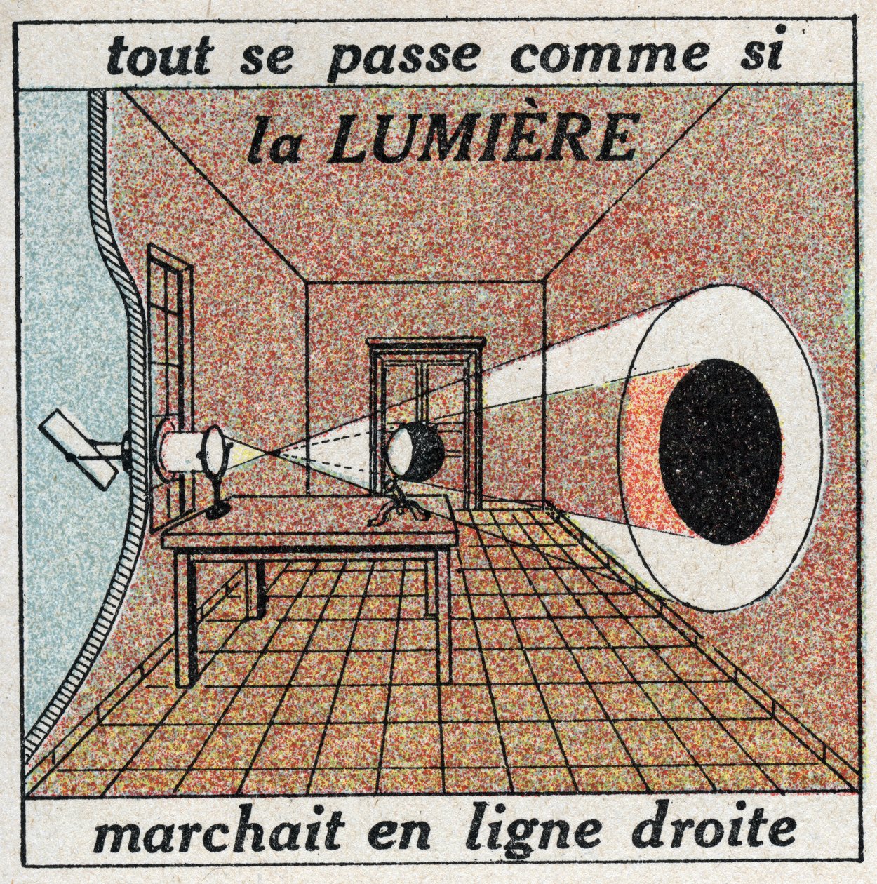Lichtpropagatie: Alles gebeurt alsof het licht in een rechte lijn loopt. Anonieme illustratie uit 1925. Privécollectie door Anonymous Anonymous