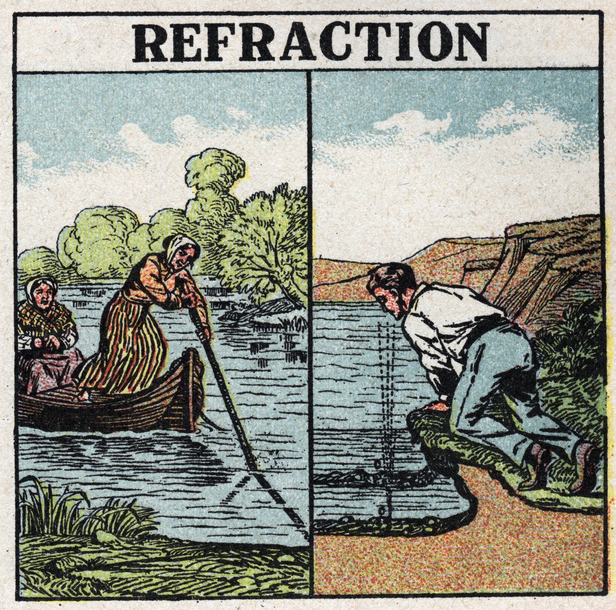 Lichtbreking: stokfenomeen in water. Anonieme illustratie uit 1925. Privécollectie. door Anonymous Anonymous