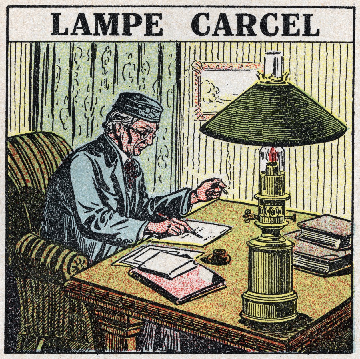 Lichtbronnen: Carcel-lamp, uitgevonden door Guillaume Carcel (1750-1812) en gebruikmakend van plantaardige olie. Anonieme illustratie uit 1925. Privécollectie door Anonymous Anonymous