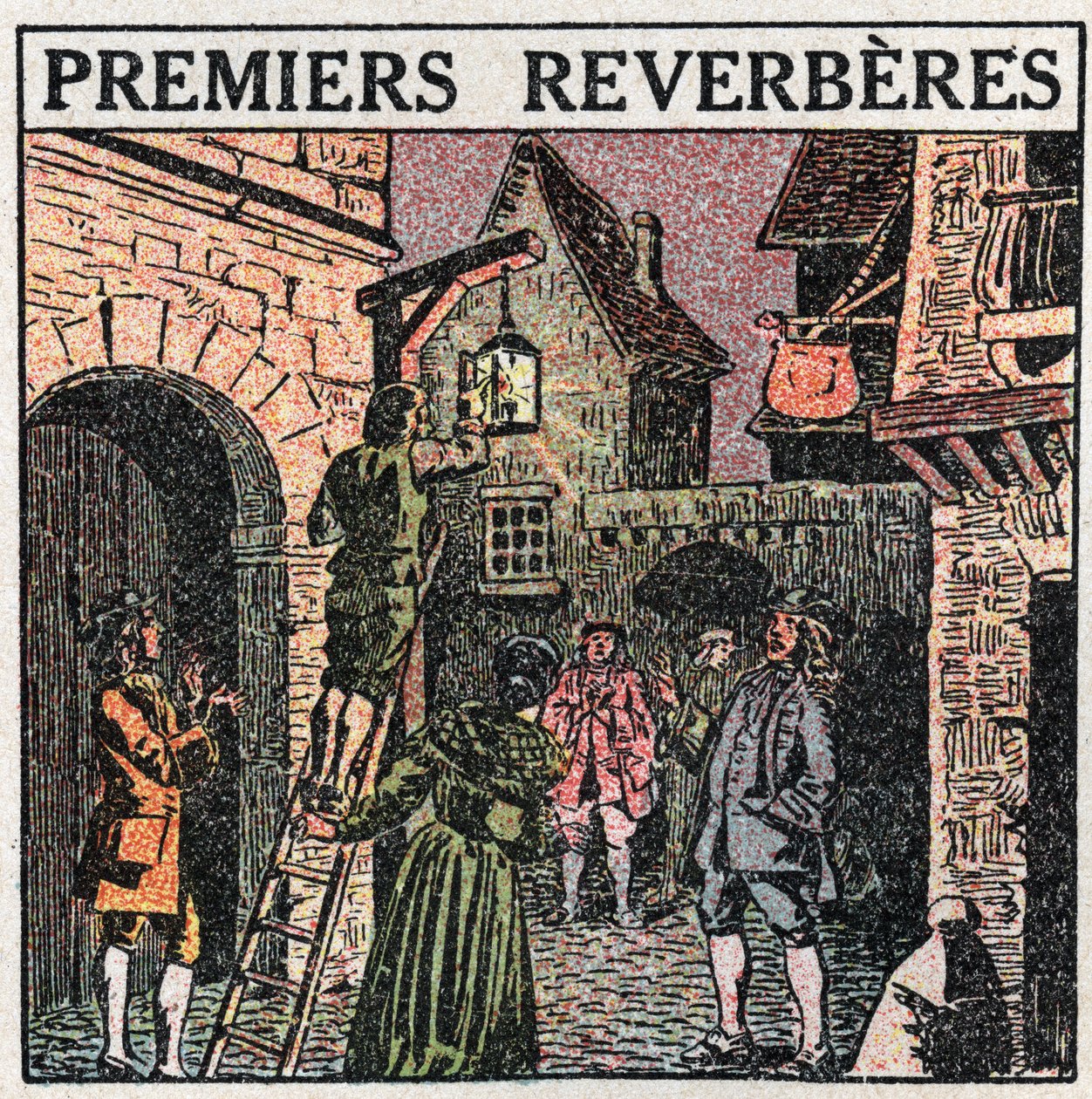 Lichtbronnen: de eerste lantaarns geïnstalleerd in Frankrijk in 1677. Anonieme illustratie uit 1925. Privécollectie. door Anonymous Anonymous