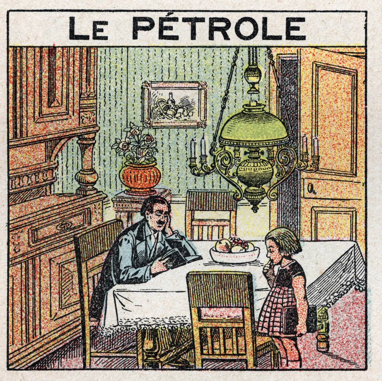 Lichtbronnen: gebruik van de olielamp. Anonieme illustratie uit 1925. Privécollectie. door Anonymous Anonymous