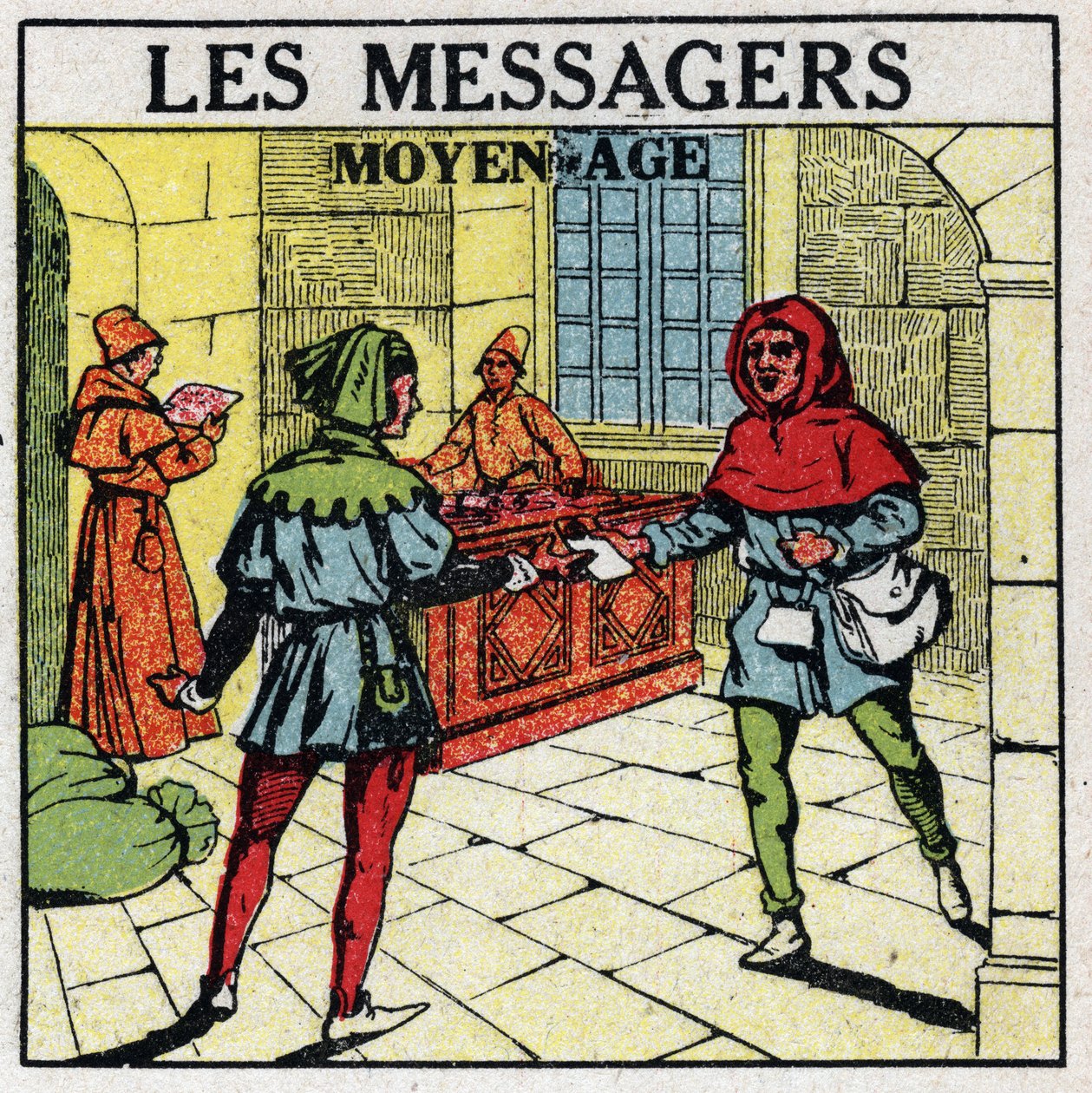 Post: Boodschappers in de Middeleeuwen. Anonieme illustratie uit 1925. Privécollectie. door Anonymous Anonymous