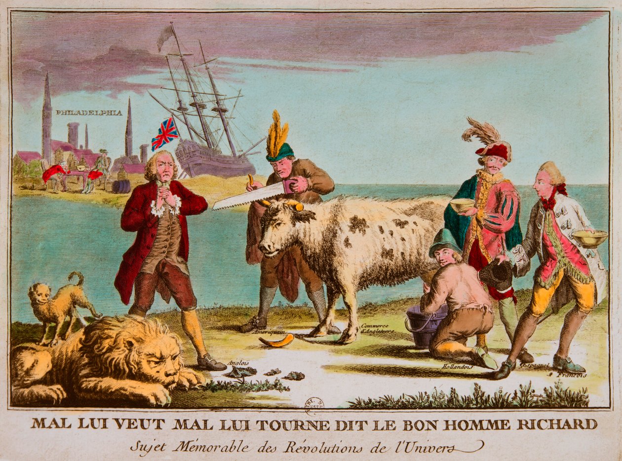 Kwaad wil hem kwaad, zei de goede man Richard Gedenkwaardig onderwerp van de revoluties van het universum. Spotprent tegen Engeland. 1780, Privécollectie door Anonymous Anonymous