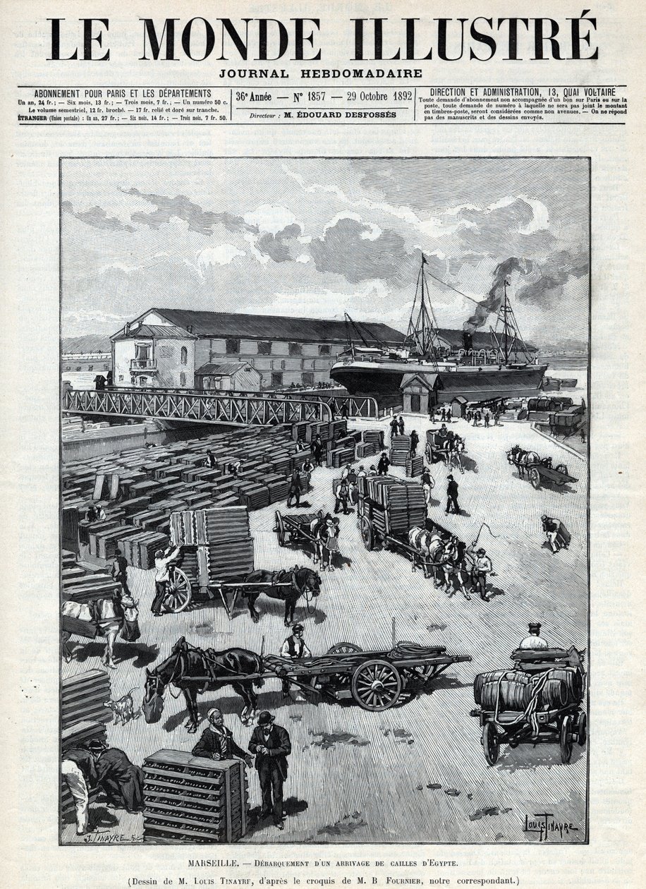 Maritieme handel: aankomst van kwartels uit Egypte in de haven van Marseille. Een krant. Gravure in 