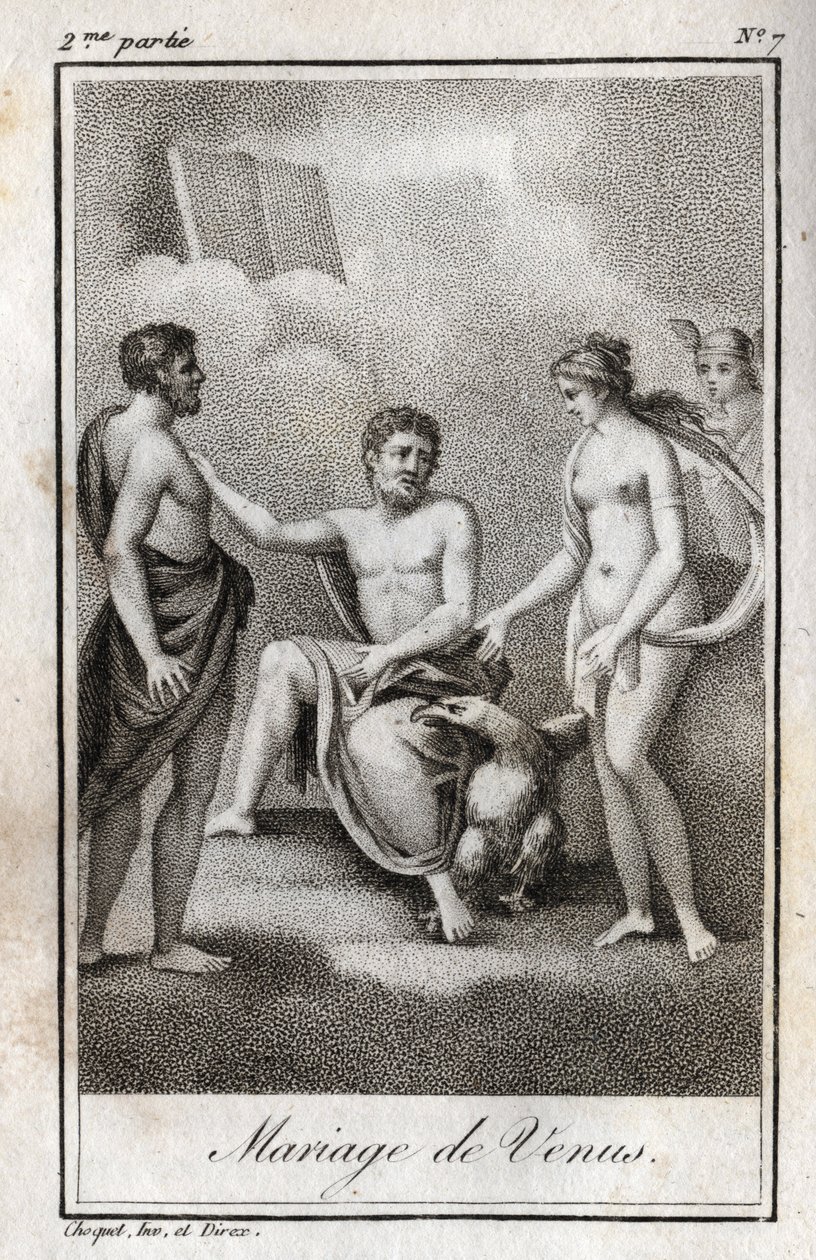 Huwelijk tussen Mars en Venus. Gravure uit 1819 in "Lettres à Emilie sur la mythologie" door Charles Albert Demoustier (1760-1801). Privécollectie. door Anonymous Anonymous