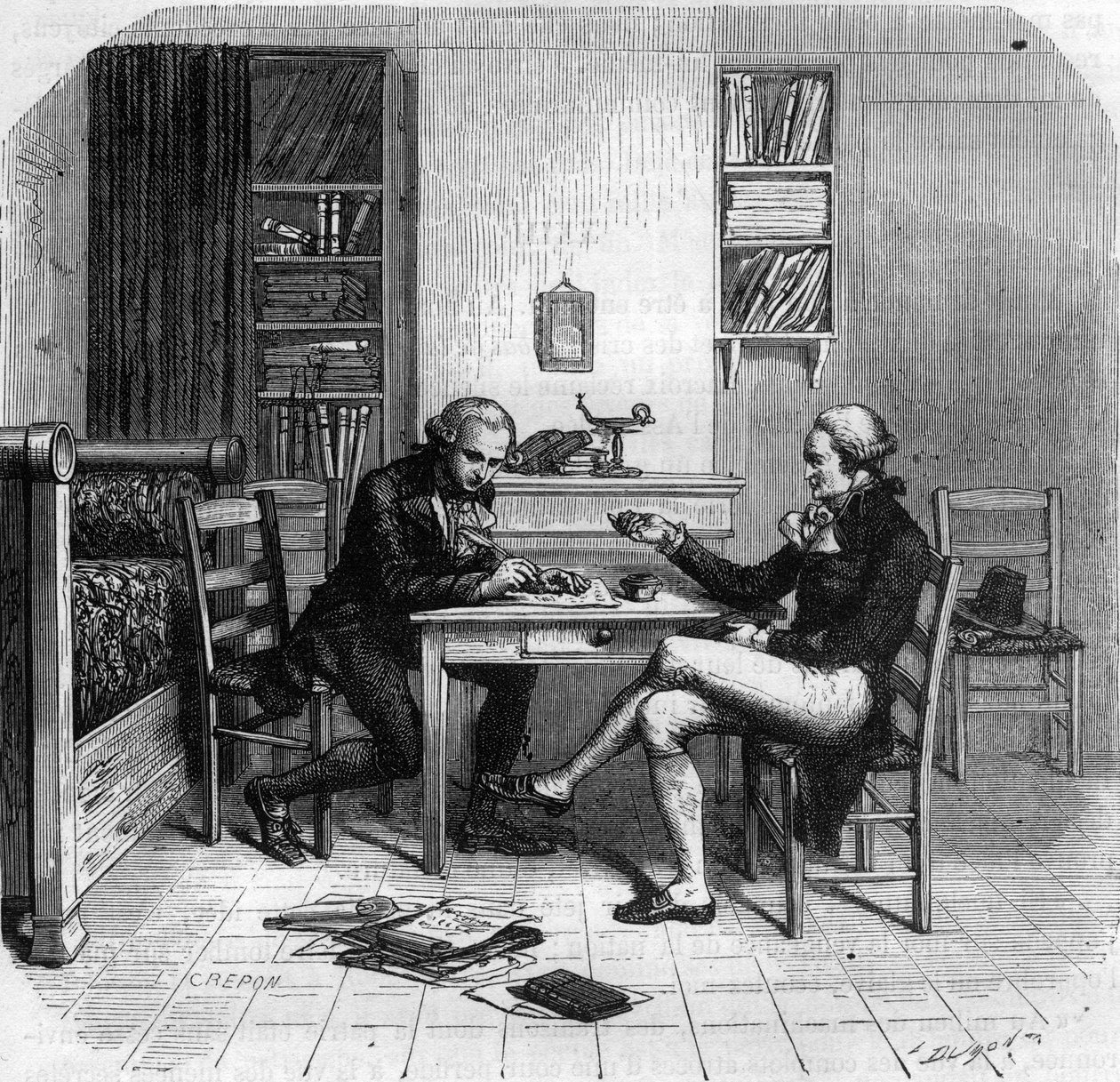 Maximilien de Robespierre 1758-1794, Franse politicus, Lid van het Comité van Openbare Veiligheid met Maurice Duplay in zijn kamer - Kamer van Maximilien de Robespierre bij Maurice Duplay (1736-1820) rue Saint-Honore in Parijs - Gravure in 
