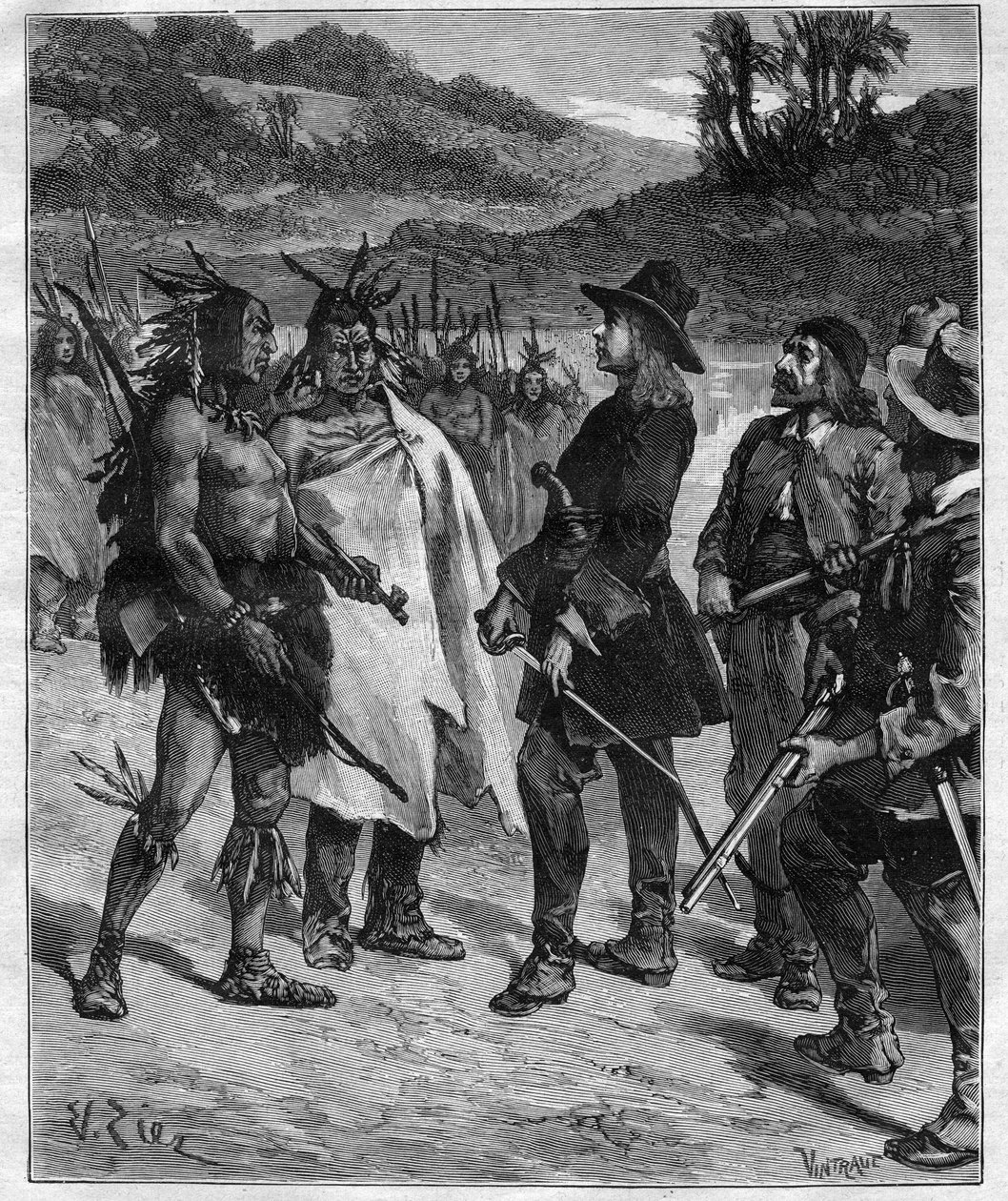 Ontmoeting van Robert Cavelier de La Salle (1643-1687) met de Indianen van Amerika bij Lake Peoria (gravure in 