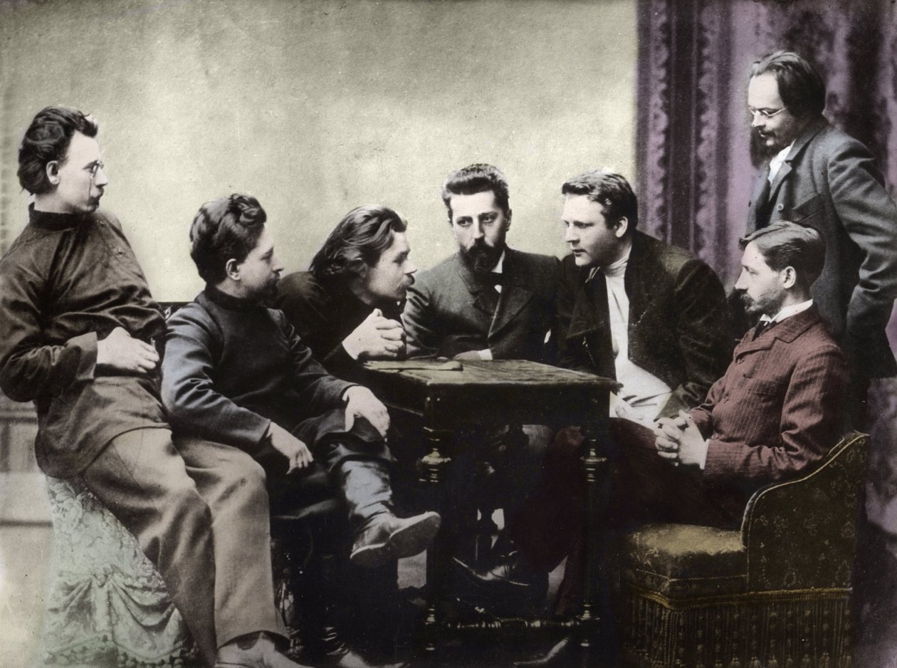 Leden van de Sreda literaire kring, gevormd in de tweede helft van de jaren 1890 door Russische realistische schrijvers - Portretten van Russische intellectuelen van de literaire groep Znanie: van links naar rechts, Andrei Skitalets (Stephan Gabrilovich Pe door Anonymous Anonymous