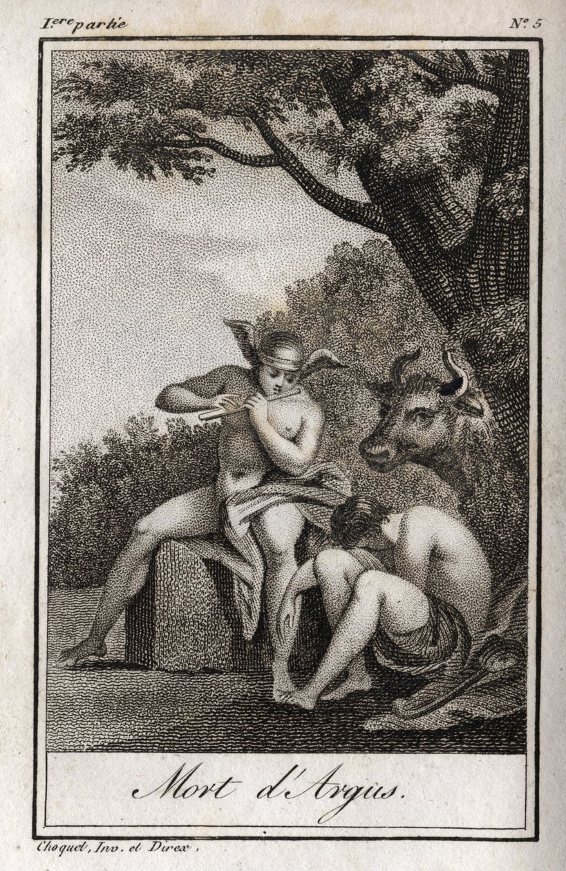Mercurius en Argus. Dood van Argus: Mercurius speelde op de fluit om Argus in slaap te brengen en de nimf Io, die in een koe was veranderd, te bevrijden. Gravure uit 1819 in 