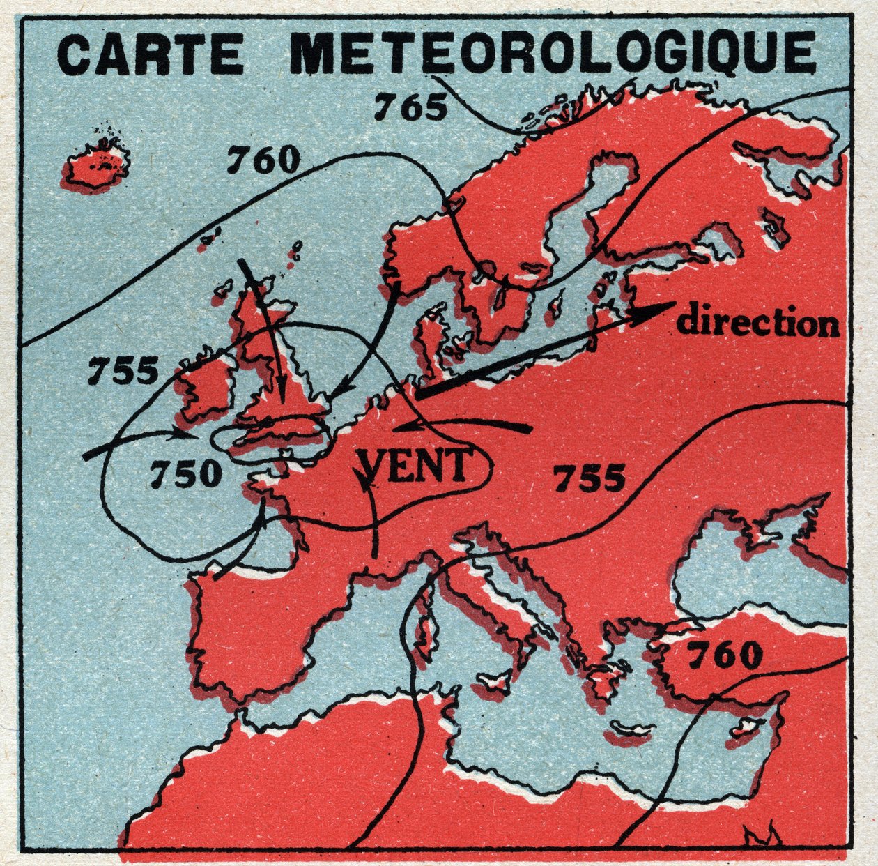 Meteorologie: meteorologische kaart. Anonieme illustratie uit 1925. Privécollectie. door Anonymous Anonymous