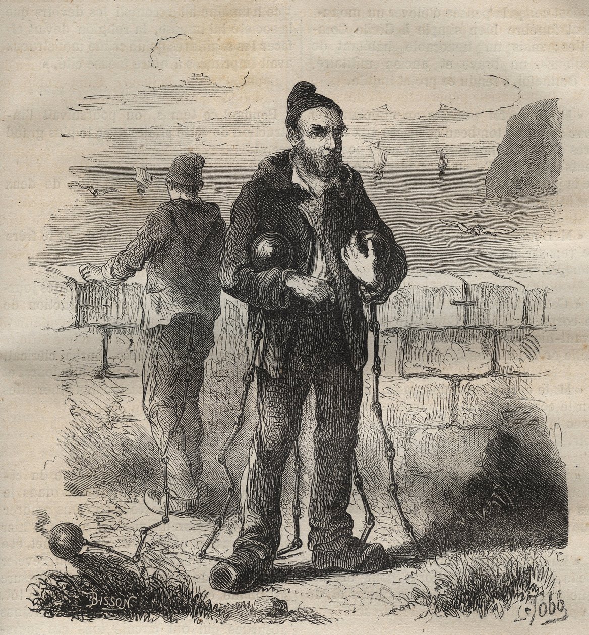 Militairen veroordeeld tot de Toulon bagne in de 19e eeuw. Gravure in 