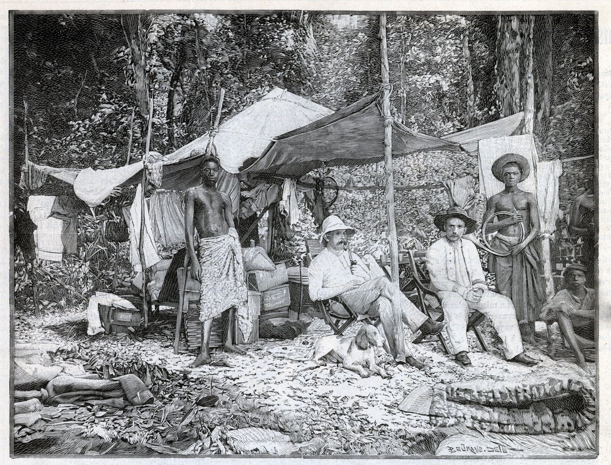 Missie van de Franse kapitein Louis Gustave Binger (1856-1936): kamp van de missie in Afforenou, Ivoorkust. Gravure in 