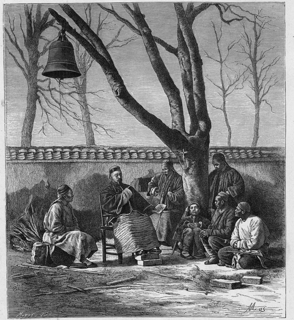 Missionaris die de katholieke leer onderwijst in de provincie Henan (Ho Nan, Ho-Nan), China. Gravure in “Les Missions Catholiques au XIXème Siècle” door Louis-Eugène Louvet. Privécollectie door Anonymous Anonymous