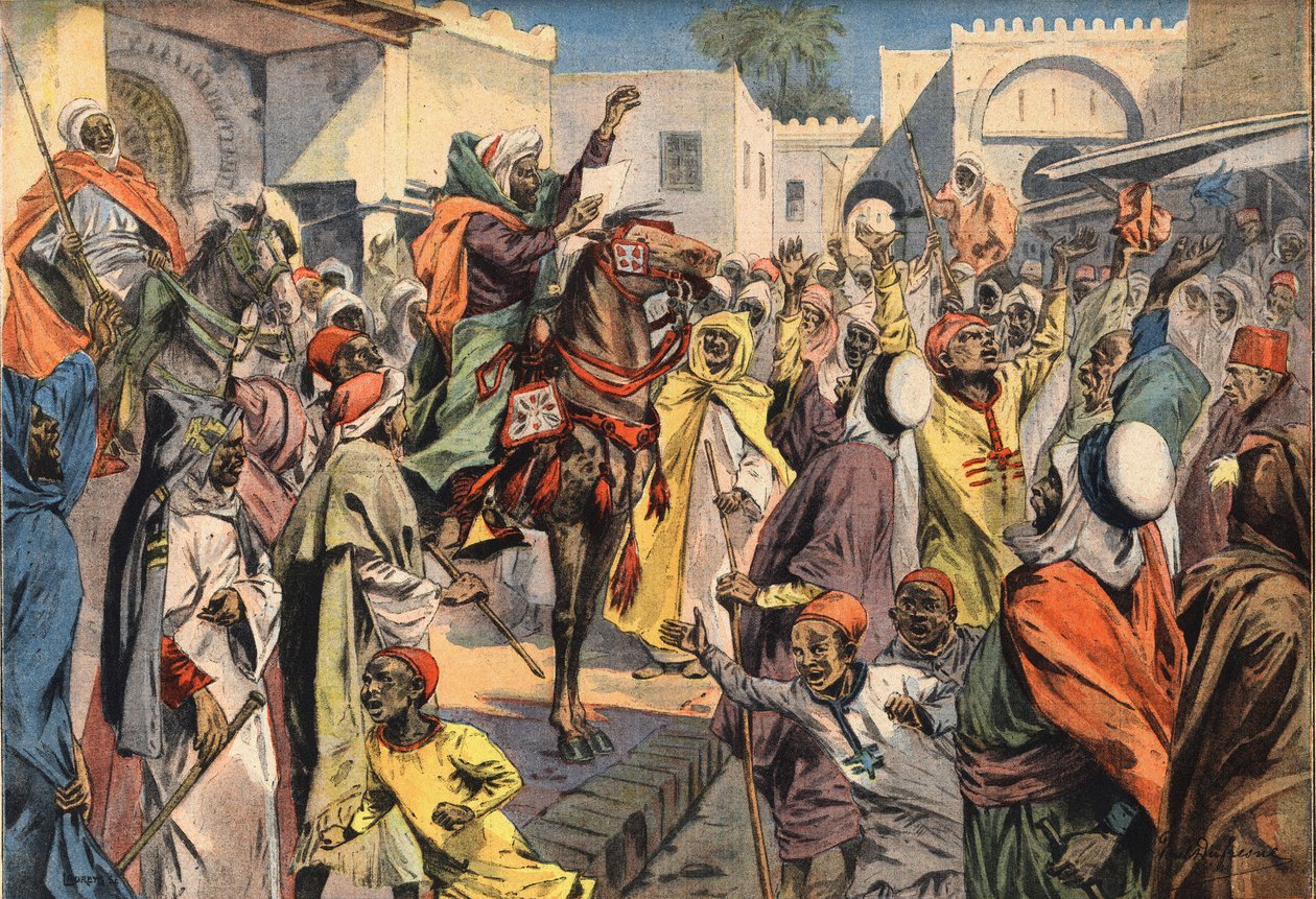 Mouley Hafid (Moulay-Hafid) roept zichzelf uit tot sultan van Fez: de openbare omroepers kondigen de proclamatie aan de menigte aan. Gravure uit de krant 