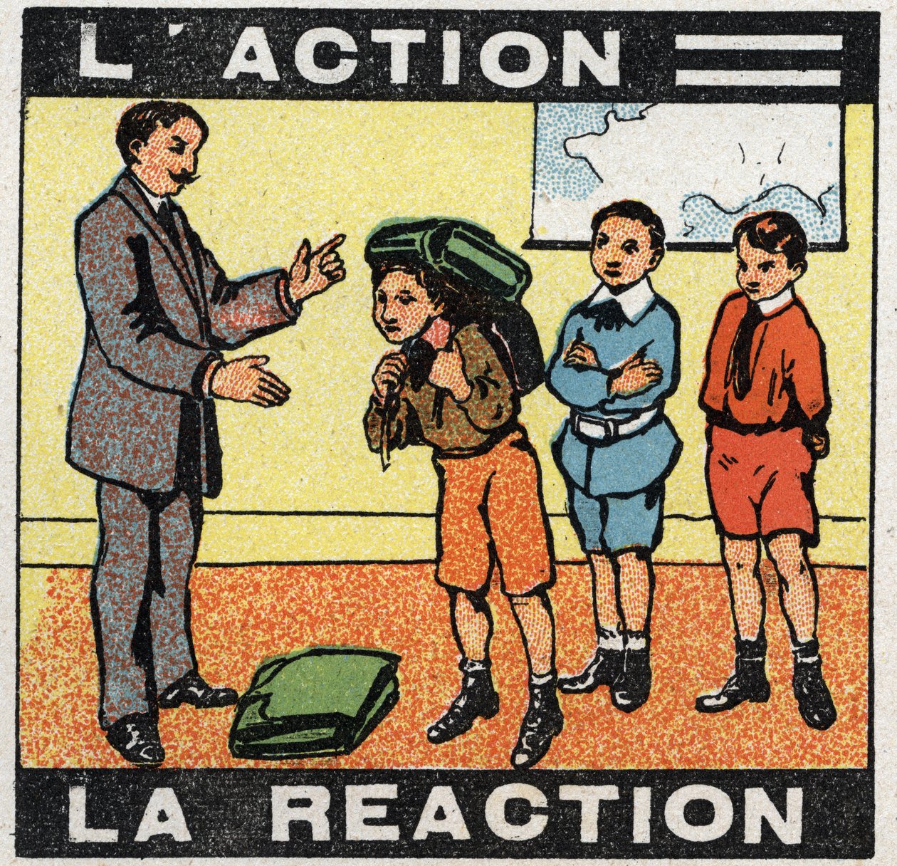 Bewegingen: actie, reactie. Een jongen met zijn tas. Anonieme illustratie uit 1925. Privécollectie. door Anonymous Anonymous