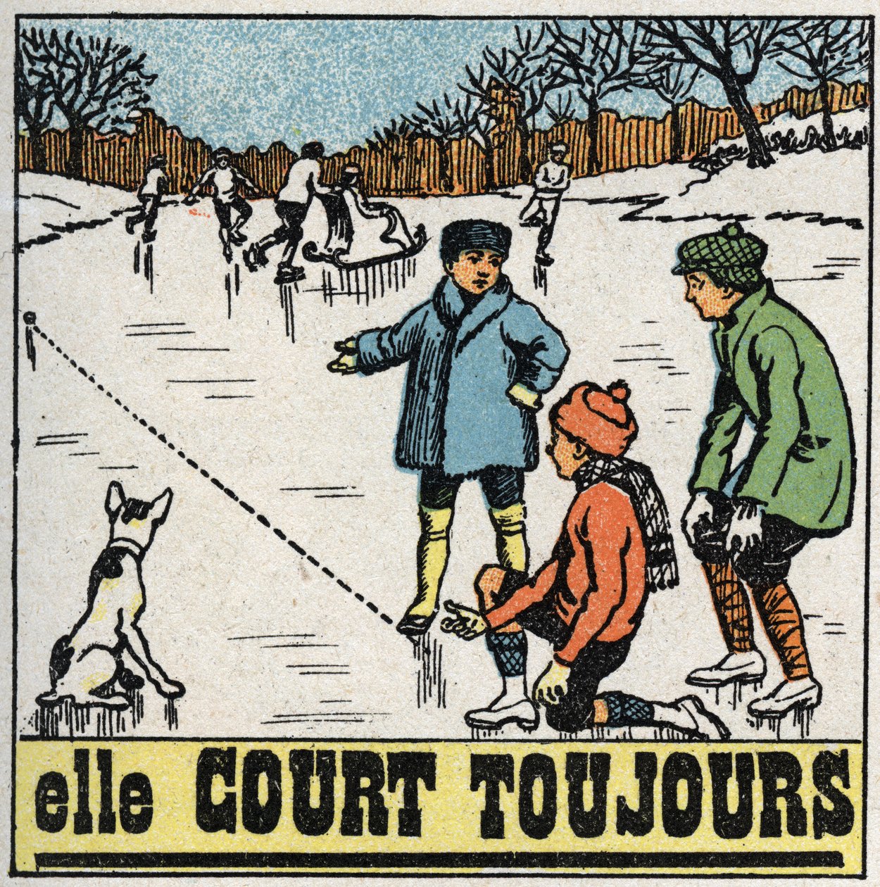 Bewegingen: kinderen spelen met ballen op het bevroren ijs van een vijver in de winter. Anonieme illustratie uit 1925. Privécollectie. door Anonymous Anonymous