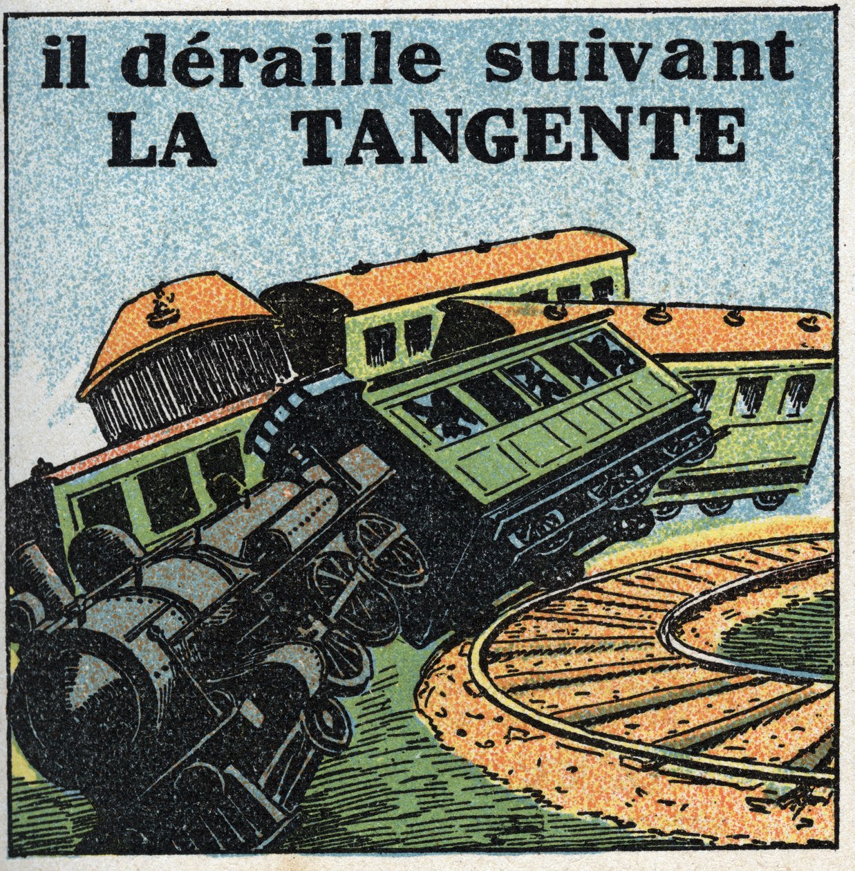 Bewegingen: raaklijn. Treinontsporing. Anonieme illustratie uit 1925. Privécollectie. door Anonymous Anonymous