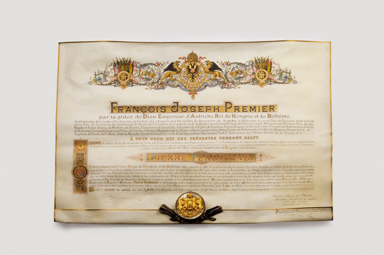 Orde van het Gulden Vlies: Het Oostenrijkse Gulden Vlies - Toelatingsdiploma tot de Orde van het Gulden Vlies door Pierre Ferdinand (Pierre-Ferdinand) (1874-1948), Aartshertog van Oostenrijk door Anonymous Anonymous