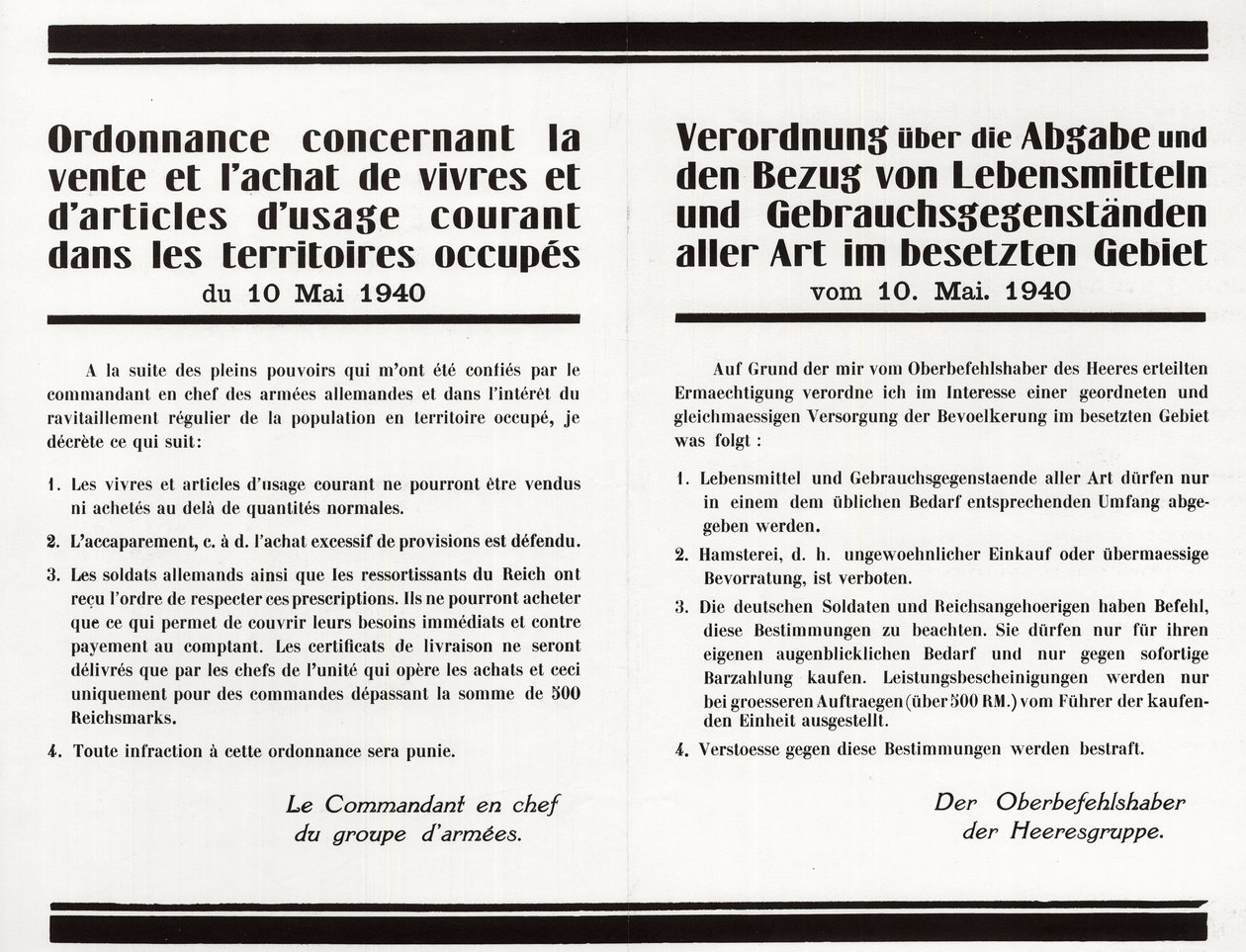 Verordening betreffende de verkoop en aankoop van voedsel en gebruiksartikelen in de bezette gebieden - Frans-Duitse tweetalige poster door Anonymous Anonymous