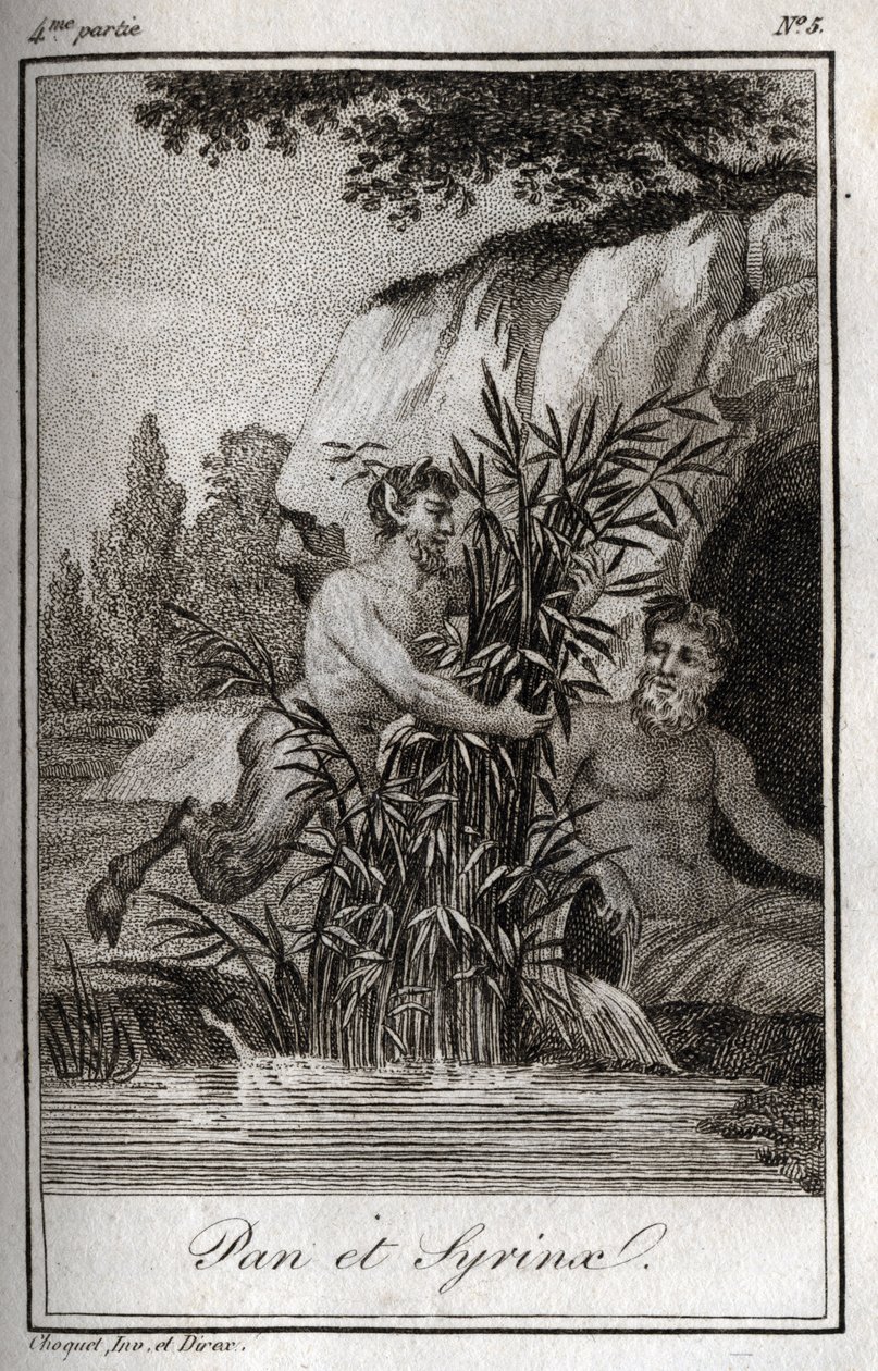 Pan en de nimf Syrinx veranderd in riet. Gravure uit 1819 in 