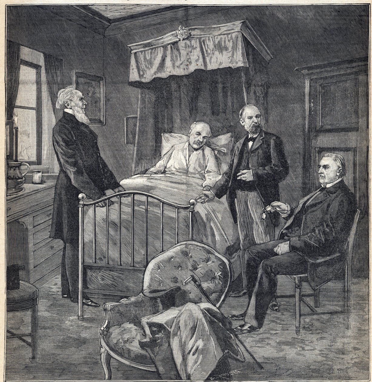 Panama-schandaal (Panama-zaak): De kamer van Cornelius Herz (1845-1898) Frans-Amerikaanse arts en zakenman in Bournemouth: bezoek van Dr. Jean Martin Charcot (1825-1893), klinisch arts en neuroloog, en Paul Brouardel (1837-1906) - Gravure door Anonymous Anonymous