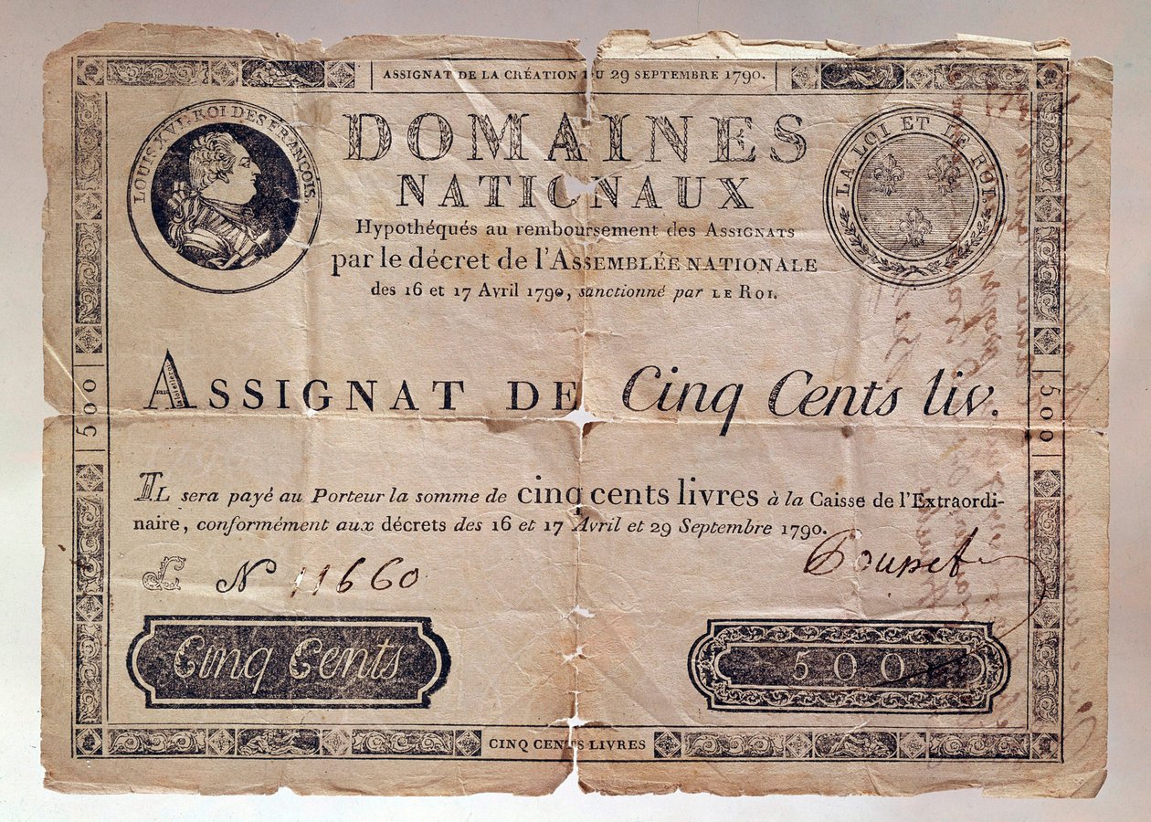 Papier uitgegeven tijdens de Franse Revolutie: een toewijzing van 500 pond uit 1790 - privécollectie door Anonymous Anonymous