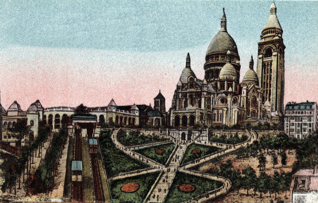 Parijs: kabelbaan en Basiliek van het Heilig Hart (Sacré-Coeur) op de Butte Montmartre. Foto uit 1920 in 