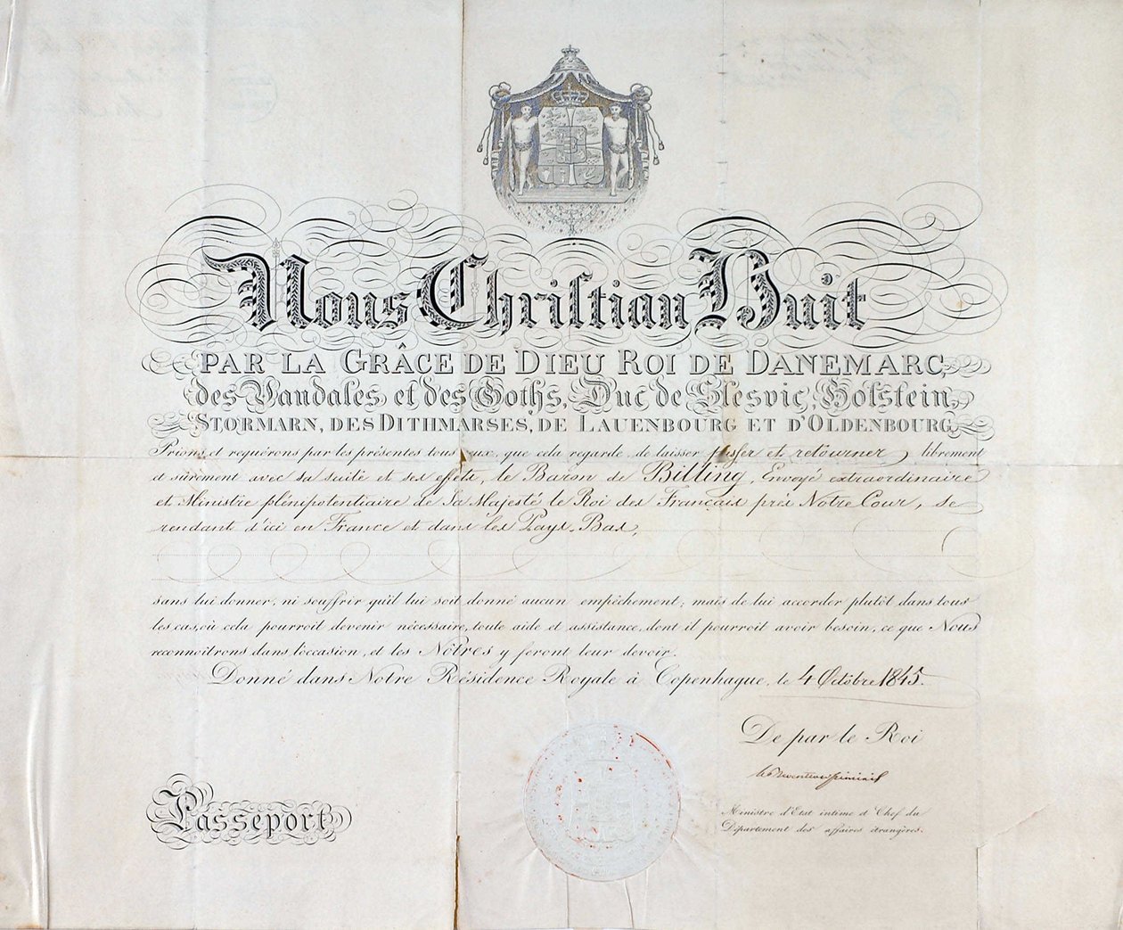Paspoort door Koning van Denemarken Christian VIII dateert uit 1845 door Anonymous Anonymous