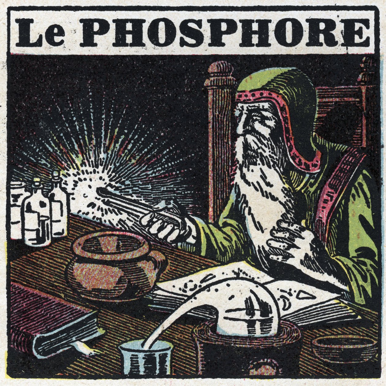 Fosforescentie: fosfor. Een alchemist op zoek naar de filosofische steen in zijn laboratorium. Anonieme illustratie uit 1925. Privécollectie. door Anonymous Anonymous