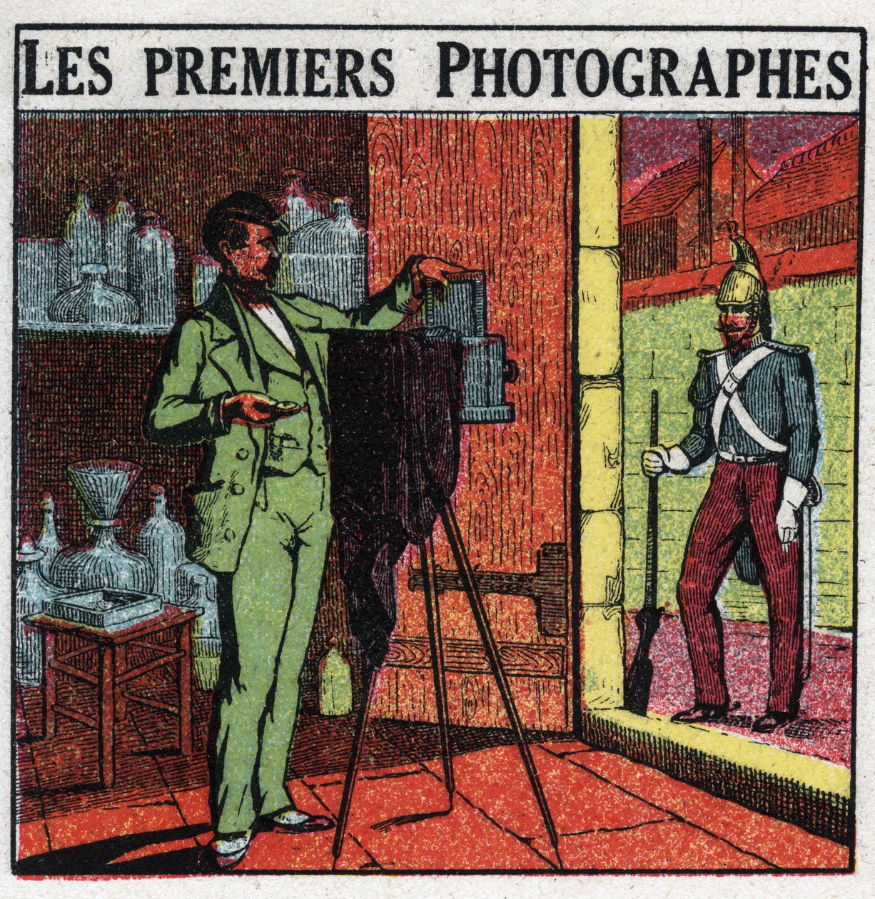 Fotografie: de eerste fotografen in de 19e eeuw. Fotograaf die een soldaat portretteert in zijn studio. Anonieme illustratie uit 1925. Privécollectie. door Anonymous Anonymous