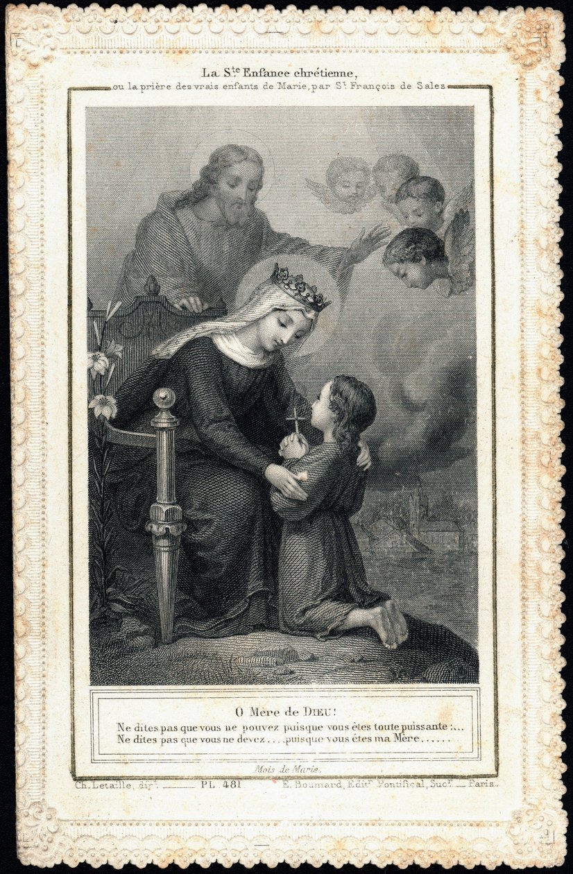 Vrome afbeelding: Heilige christelijke kindertijd, of het gebed van de ware kinderen van Maria, door Sint Franciscus van Sales. Dentelkaart. Privécollectie door Anonymous Anonymous